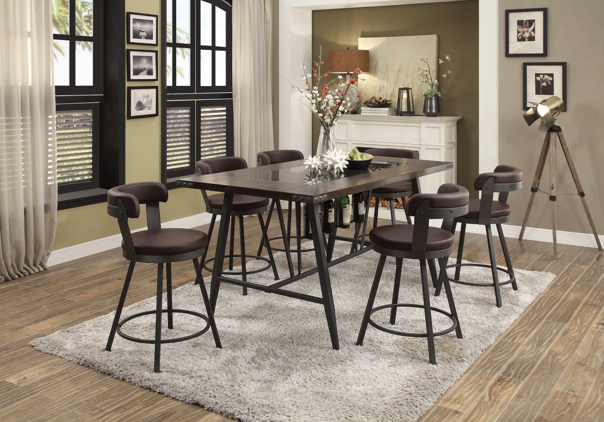 Metal Base 24 Inch Counter Height Chairs Set Of 2Pc Brown Seat 360 Degree Swivel Faux Leather Upholstered Dining Room Furniture Brown Dining Room Casual Metal