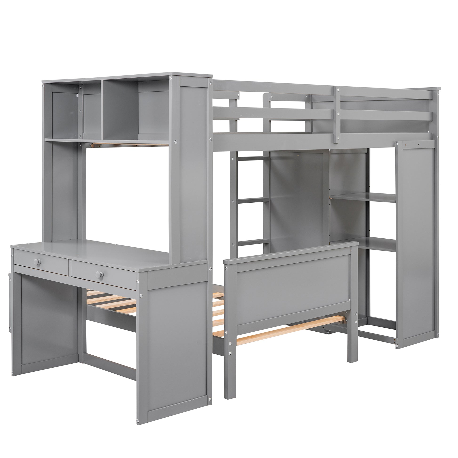 Twin Size Loft Bed With A Stand Alone Bed, Shelves,Desk,And Wardrobe Gray Gray Solid Wood