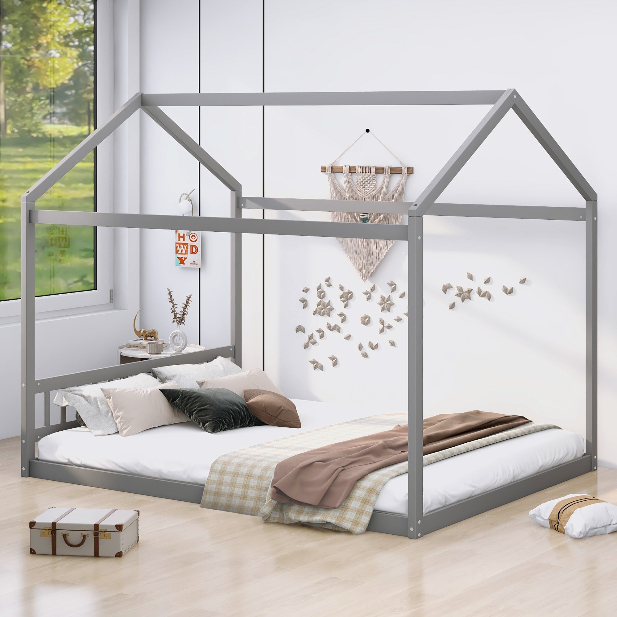 Queen Size Wooden House Bed With Headboard,Gray Gray Pine