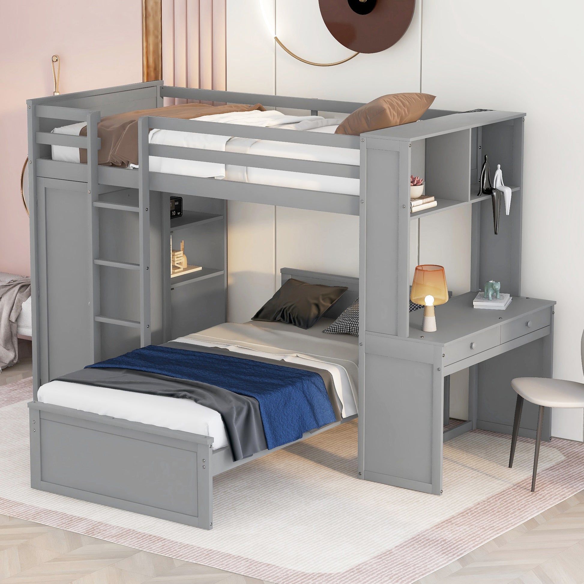 Twin Size Loft Bed With A Stand Alone Bed, Shelves,Desk,And Wardrobe Gray Gray Solid Wood