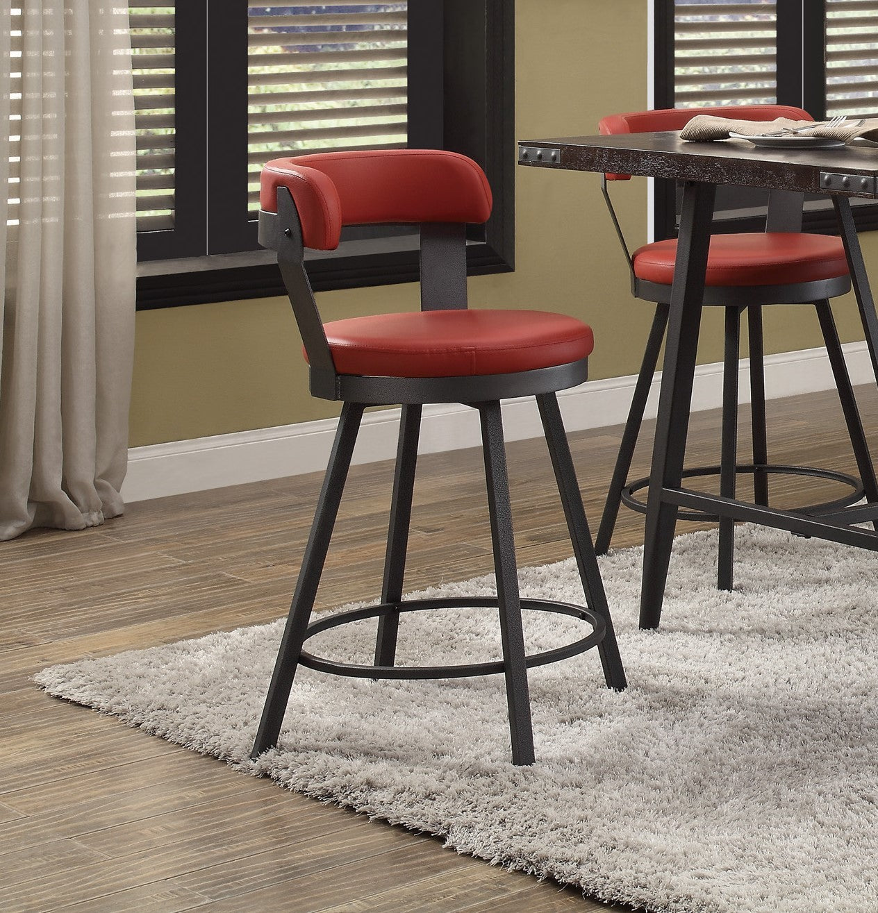 Metal Base 24 Inch Counter Height Chairs Set Of 2Pc Red Seat 360 Degree Swivel Faux Leather Upholstered Dining Room Furniture Red Dining Room Casual Metal