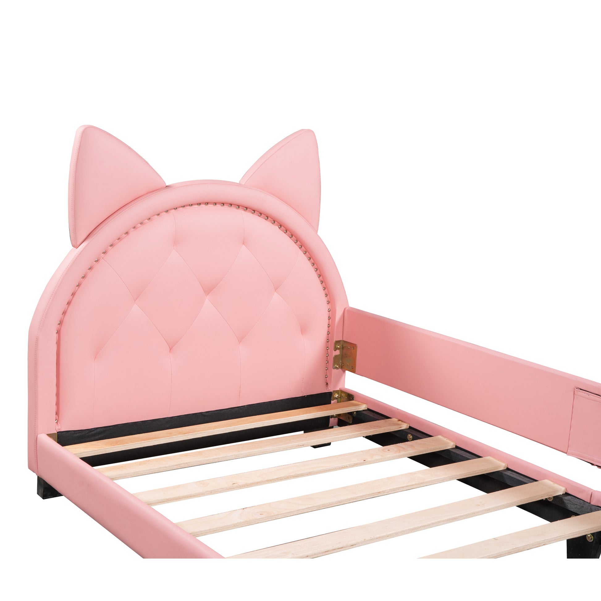 Twin Size Upholstered Daybed With Carton Ears Shaped Headboard, Pink Pink Pu Leather