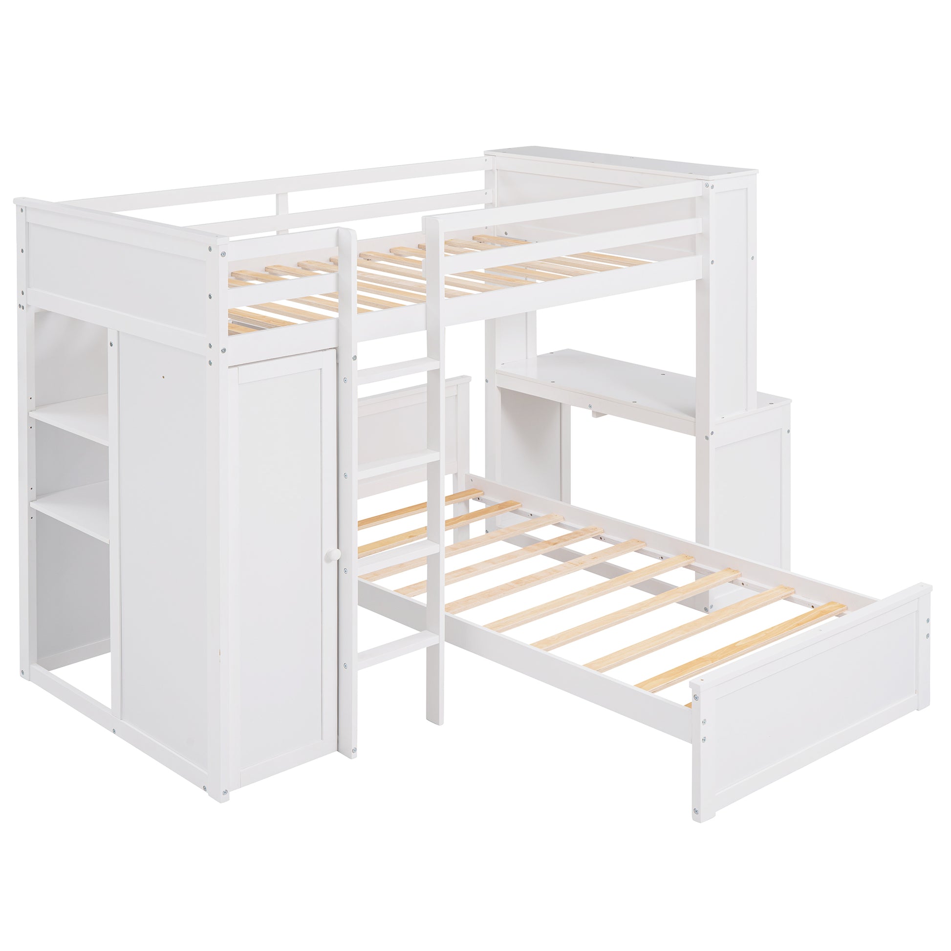 Twin Size Loft Bed With A Stand Alone Bed, Shelves,Desk,And Wardrobe White White Solid Wood