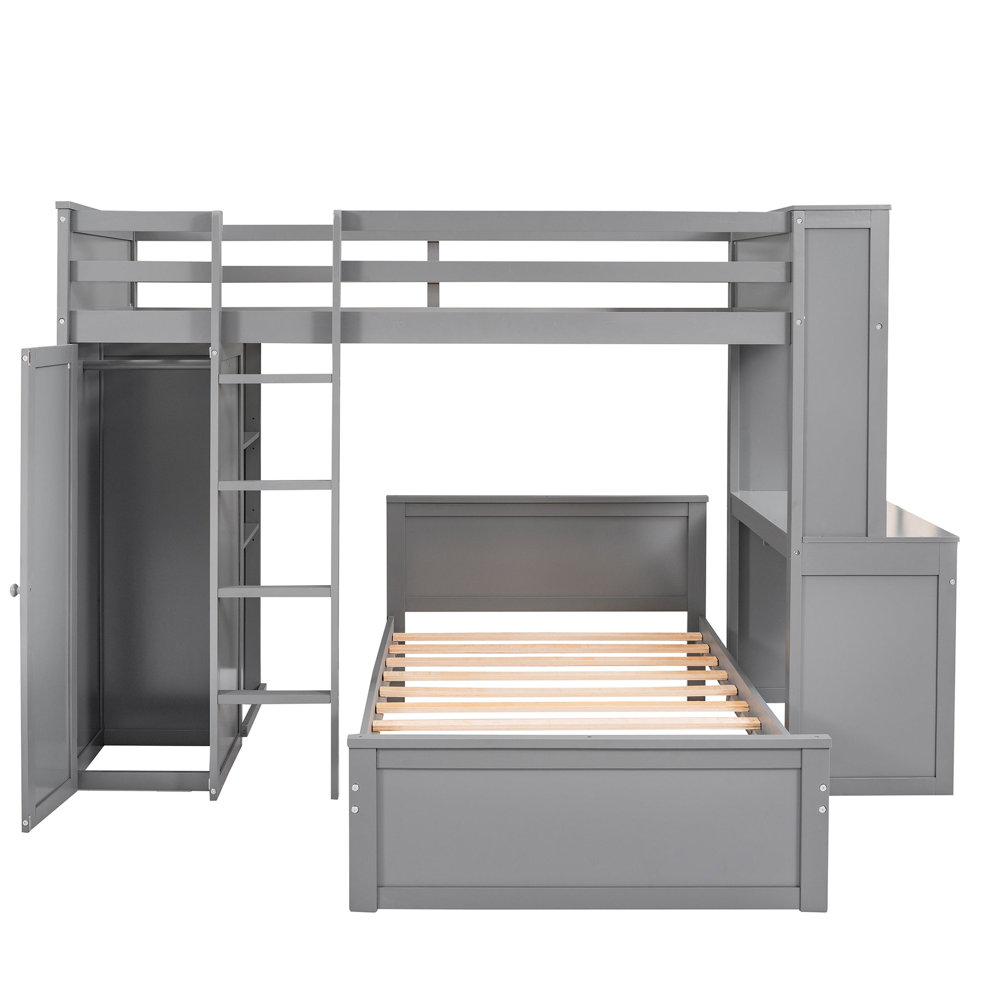 Twin Size Loft Bed With A Stand Alone Bed, Shelves,Desk,And Wardrobe Gray Gray Solid Wood