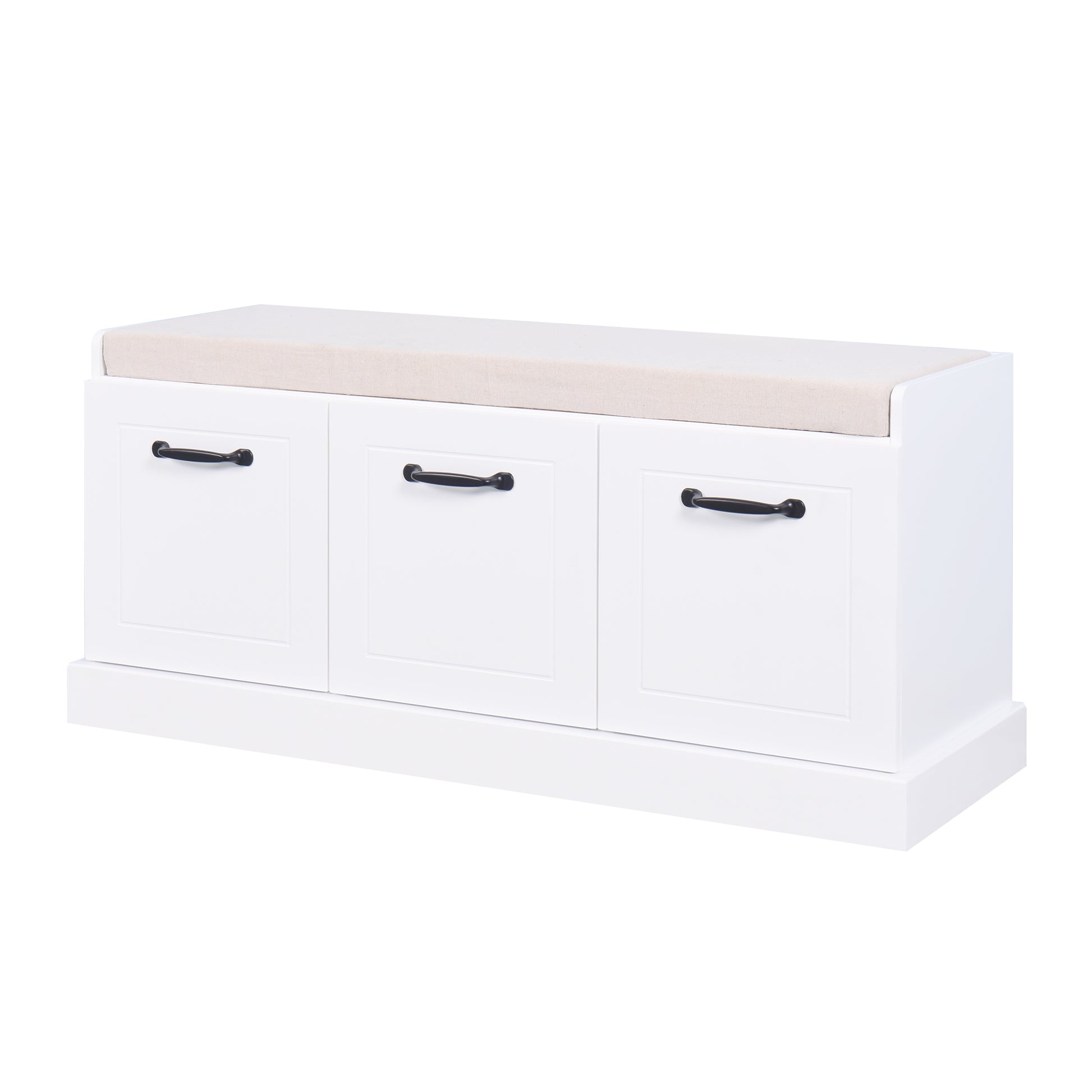 Wooden Entryway Shoe Cabinet Living Room Storage Bench With White Cushion White Mdf