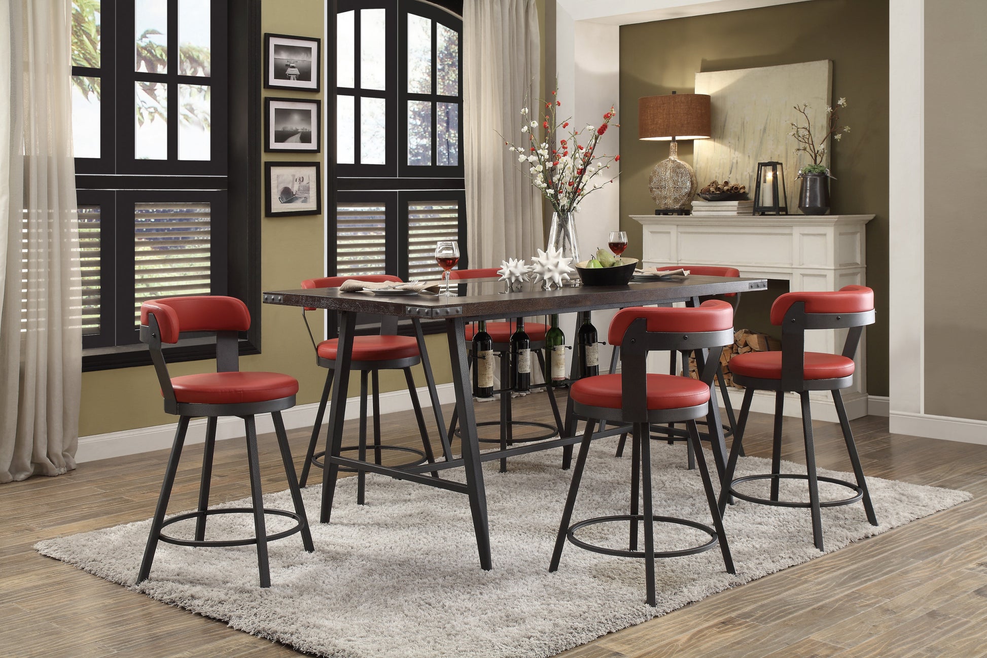 Metal Base 24 Inch Counter Height Chairs Set Of 2Pc Red Seat 360 Degree Swivel Faux Leather Upholstered Dining Room Furniture Red Dining Room Casual Metal
