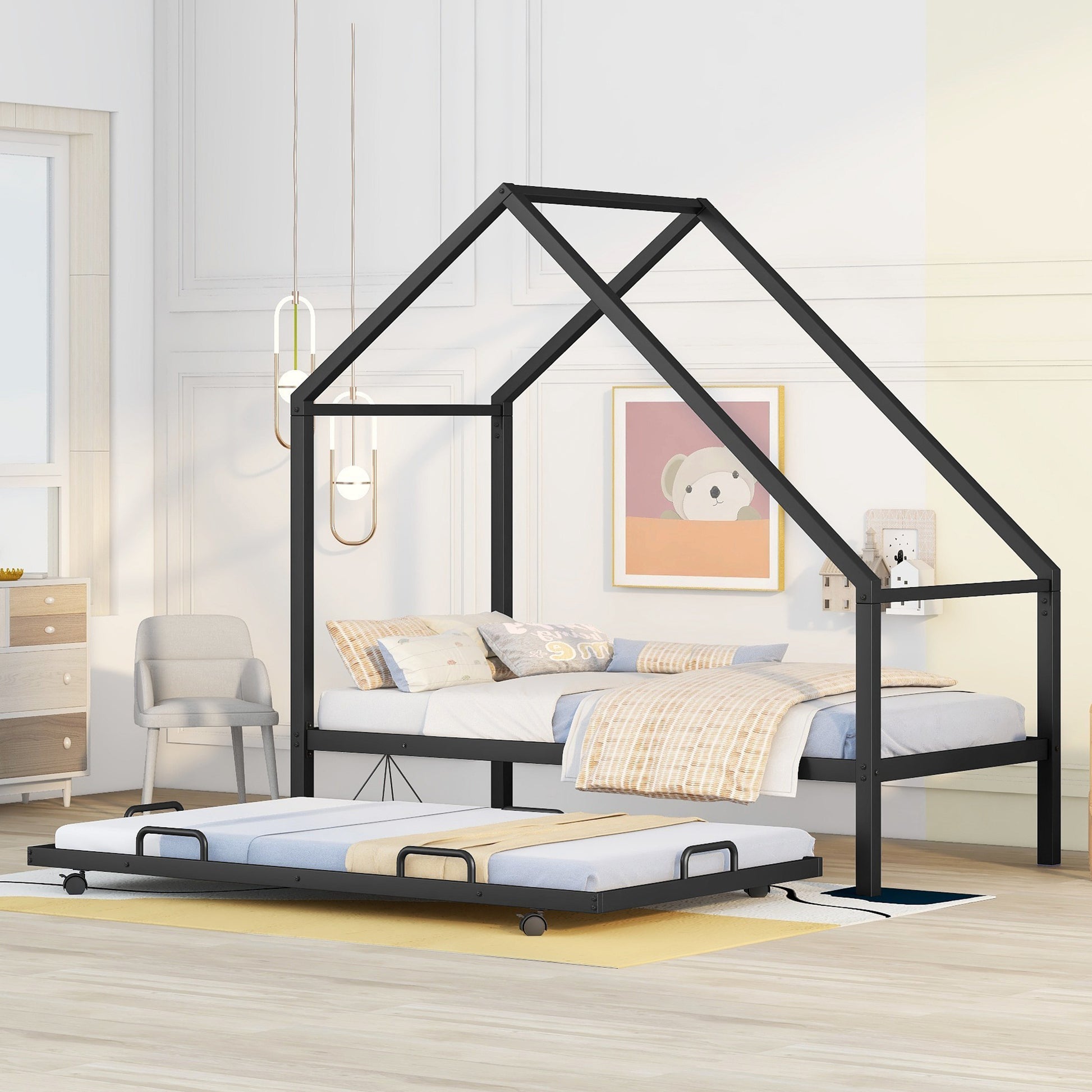 Metal House Bed With Trundle, Twin Size House Bed Black Black Metal