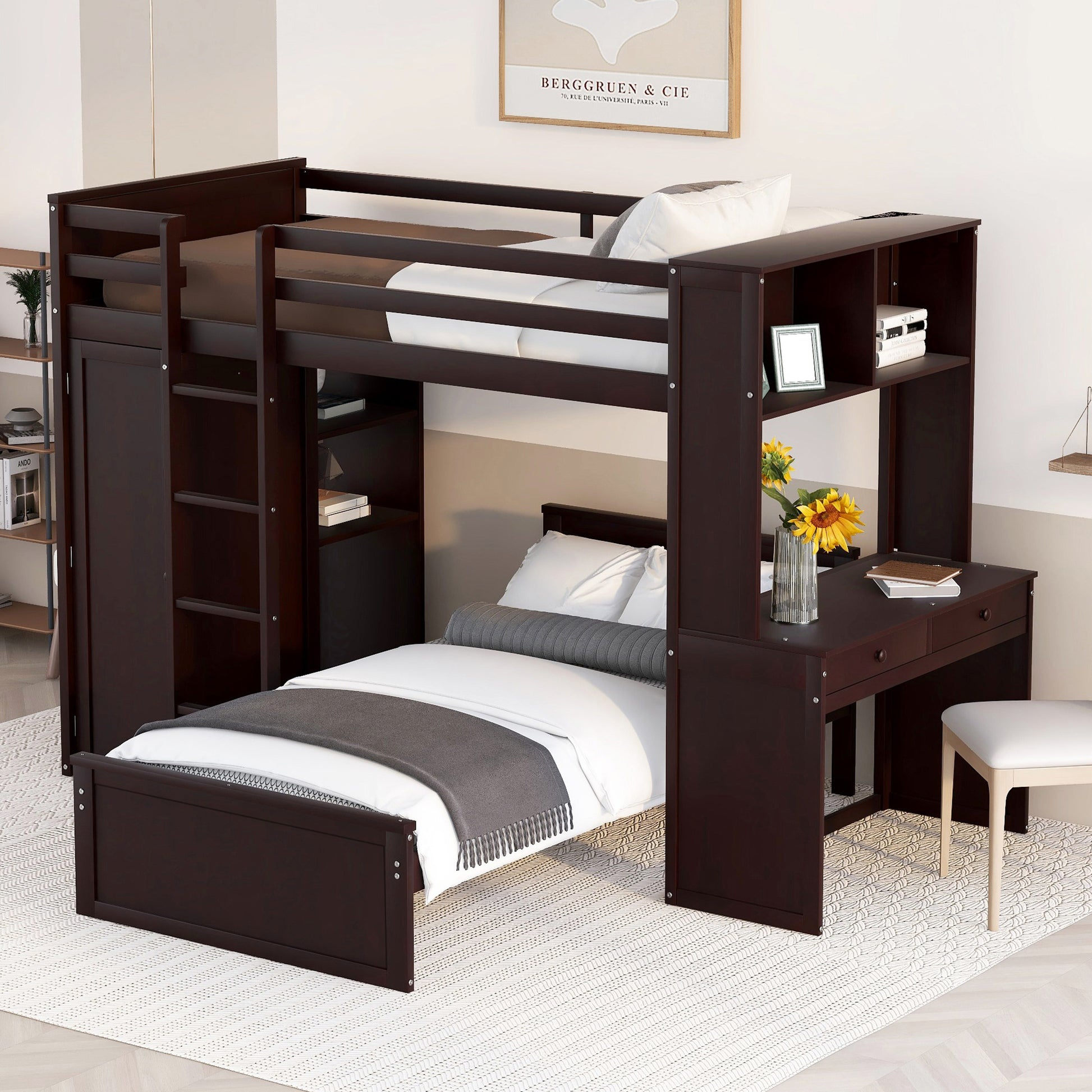 Twin Size Loft Bed With A Stand Alone Bed, Shelves,Desk,And Wardrobe Espresso Espresso Solid Wood