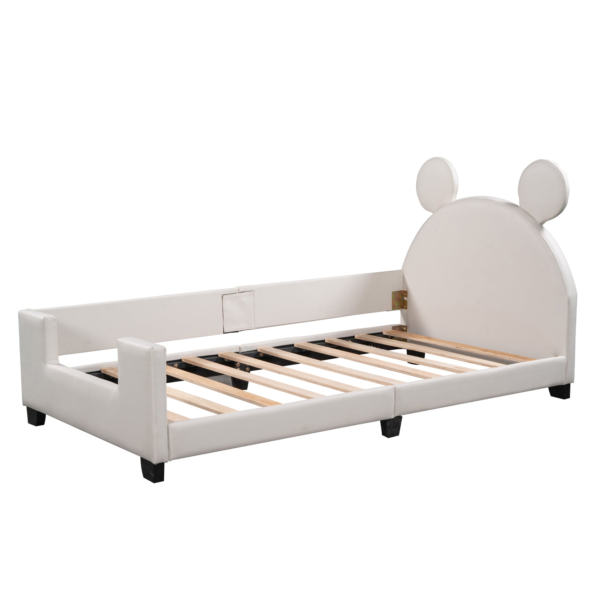 Twin Size Upholstered Daybed With Carton Ears Shaped Headboard, White White Pu Leather