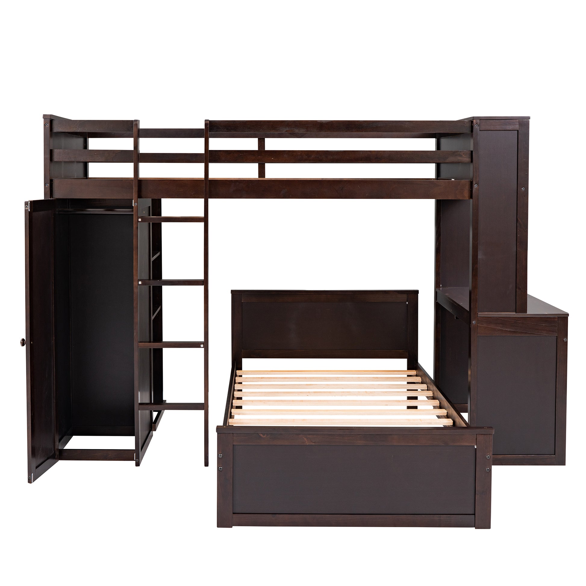 Twin Size Loft Bed With A Stand Alone Bed, Shelves,Desk,And Wardrobe Espresso Espresso Solid Wood