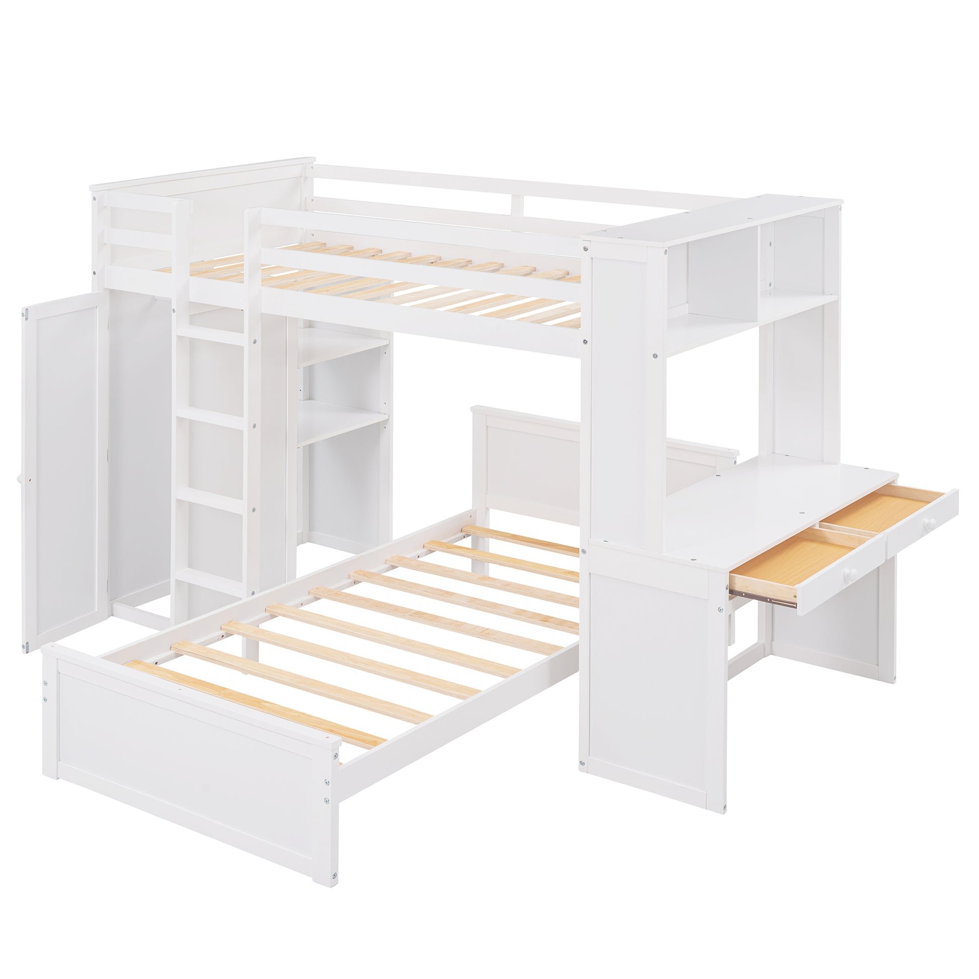 Twin Size Loft Bed With A Stand Alone Bed, Shelves,Desk,And Wardrobe White White Solid Wood