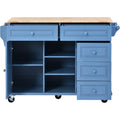 Kitchen Cart With Rubber Wood Desktop Rolling Mobile Kitchen Island With Storage And 5 Draws 53 Inch Length Blue Blue Mdf