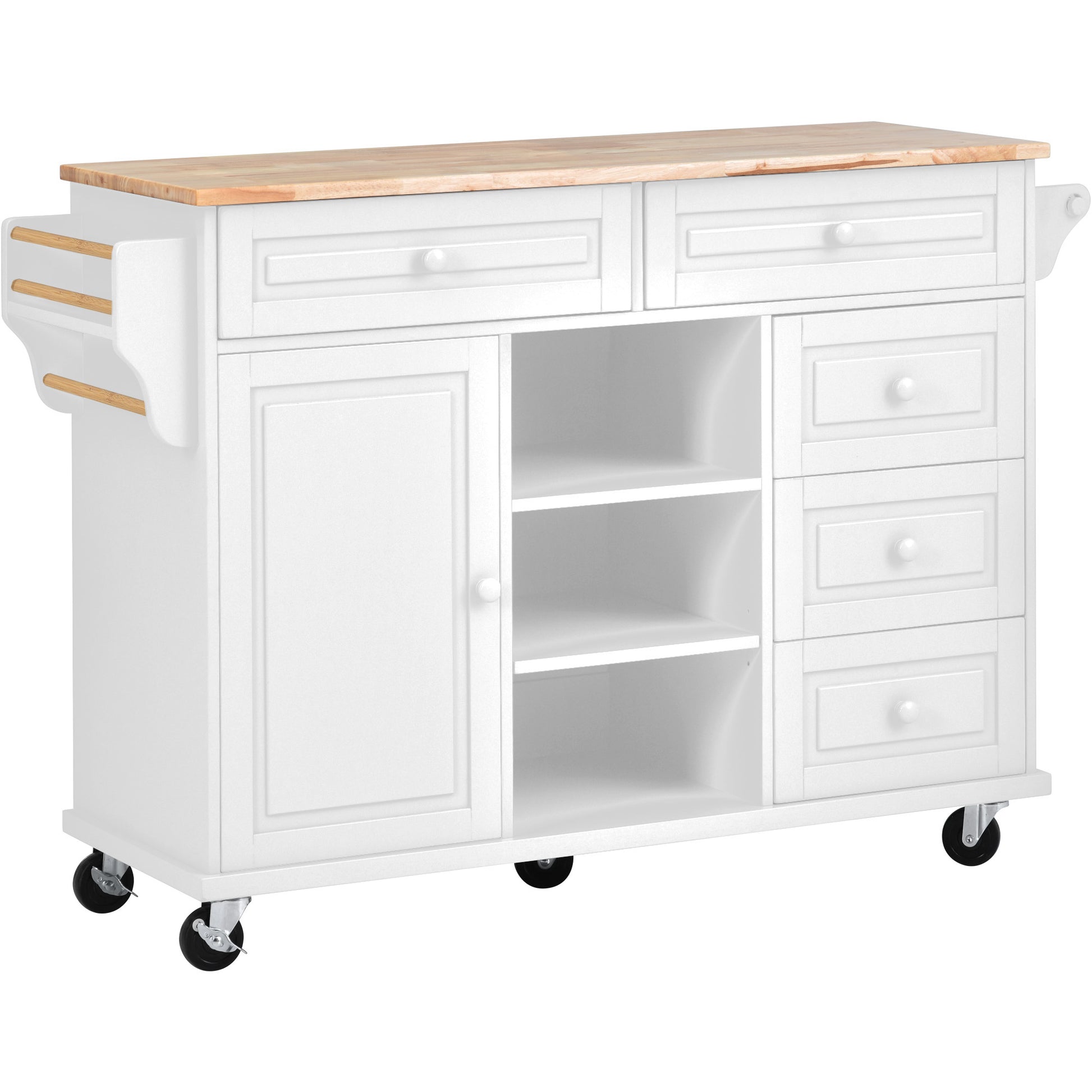 Kitchen Cart With Rubber Wood Desktop Rolling Mobile Kitchen Island With Storage And 5 Draws 53 Inch Length White White Mdf