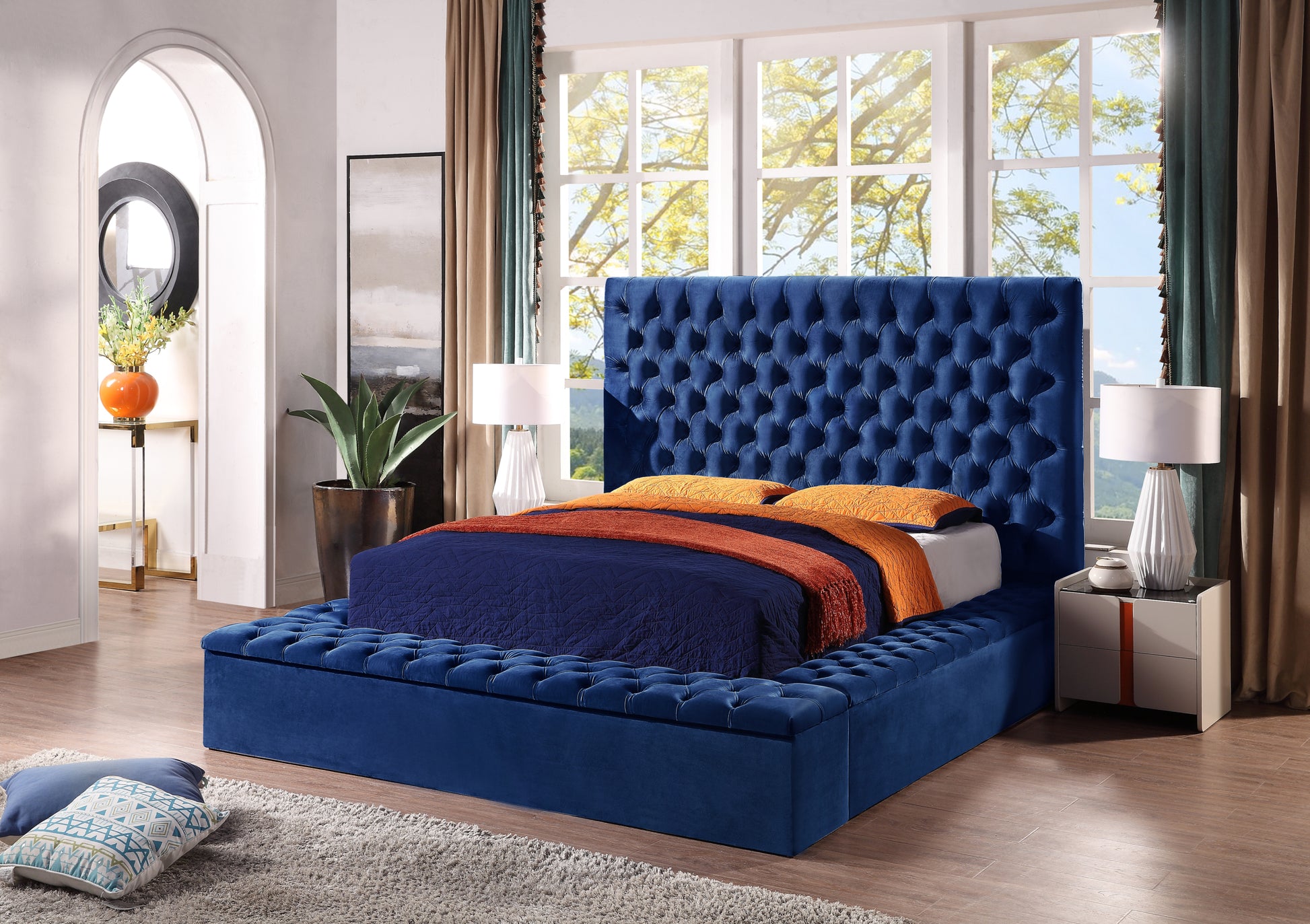 Contemporary Velvet Upholstered Bed With Storage Locker, Deep Button Tufting, Solid Wood Frame, High Density Foam, King Size Blue Velvet