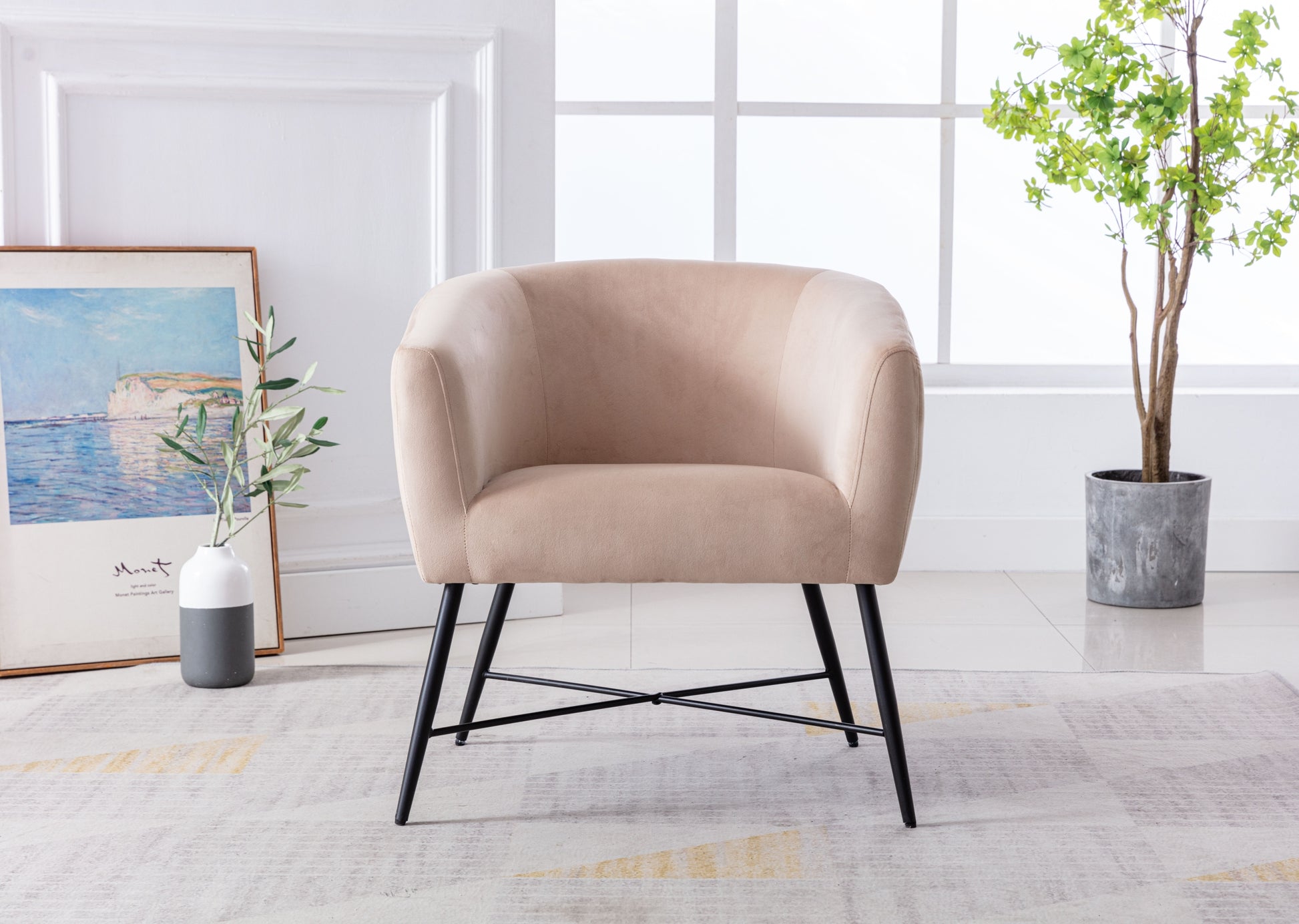 Luxurious Design 1Pc Accent Chair Beige Velvet Clean Line Design Fabric Upholstered Metal Legs Stylish Living Room Furniture Beige Primary Living Space Modern Fabric