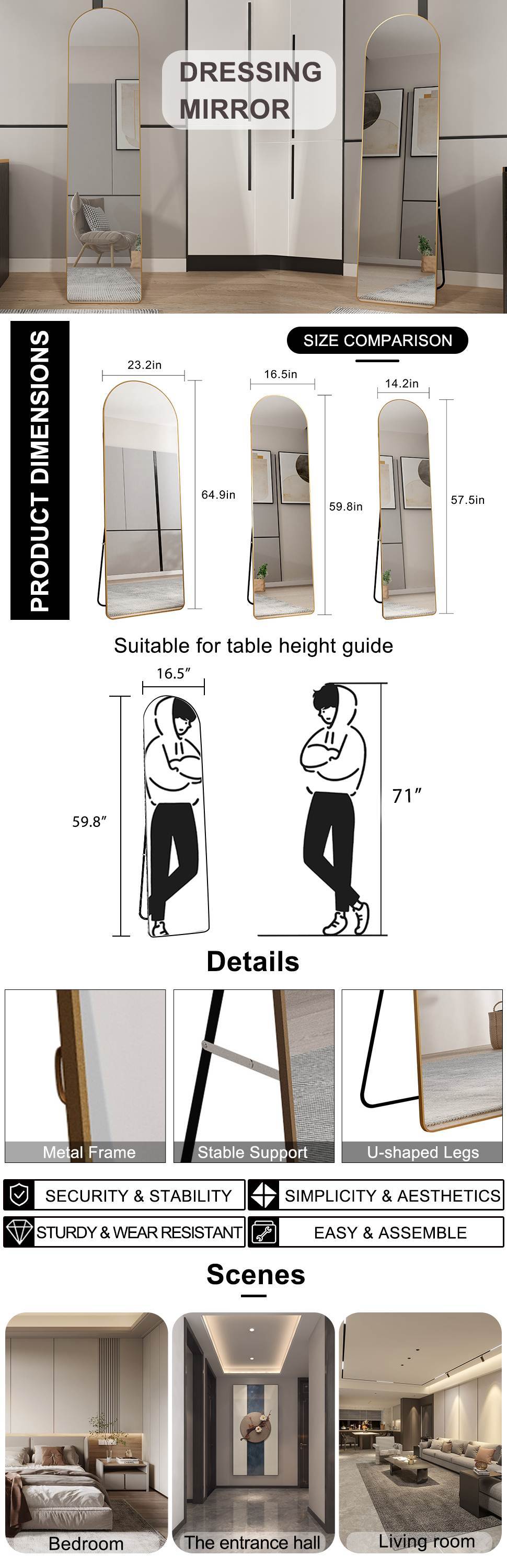 The 1St Generation Of Floor Mounted Full Length Mirrors. Aluminum Alloy Metal Frame Arched Wall Mirror, Bathroom Makeup Mirror, Bedroom Porch, Wall Mounted. Gold 60 "* 16.5"W115158172 Golden Glass
