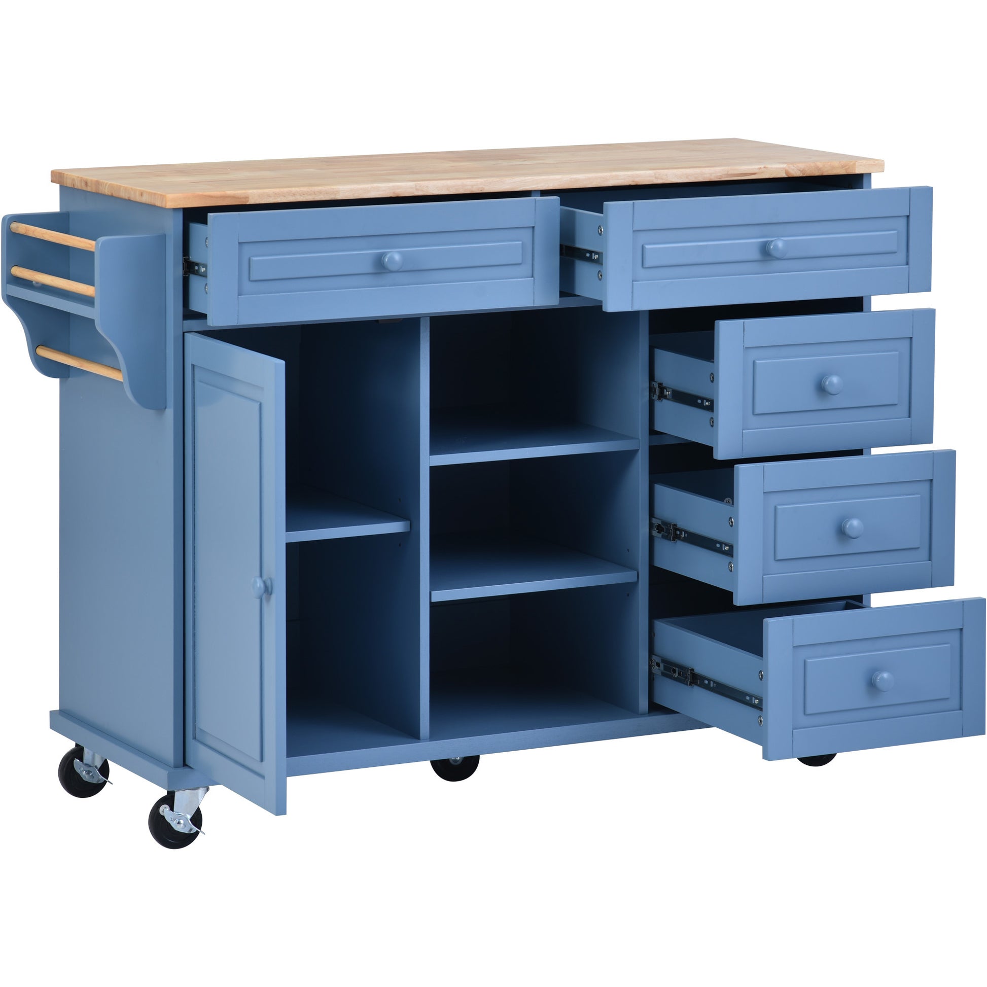 Kitchen Cart With Rubber Wood Desktop Rolling Mobile Kitchen Island With Storage And 5 Draws 53 Inch Length Blue Blue Mdf