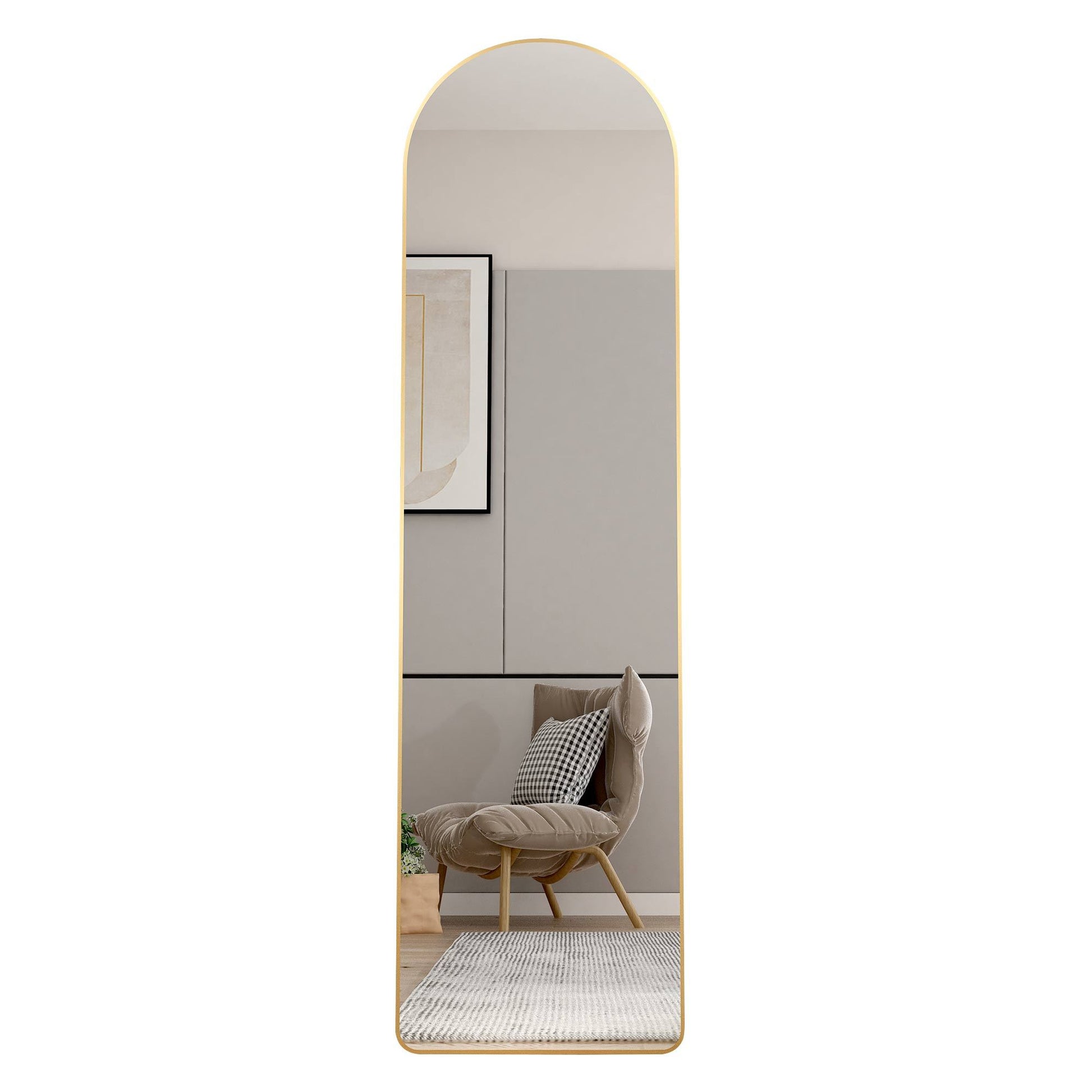 The 1St Generation Of Floor Mounted Full Length Mirrors. Aluminum Alloy Metal Frame Arched Wall Mirror, Bathroom Makeup Mirror, Bedroom Porch, Wall Mounted. Gold 60 "* 16.5"W115158172 Golden Glass