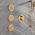 Shower System With Shower Head, Hand Shower, Slide Bar, Bodysprays, Shower Arm, Hose, Valve Trim, And Lever Handles Brushed Gold Brass