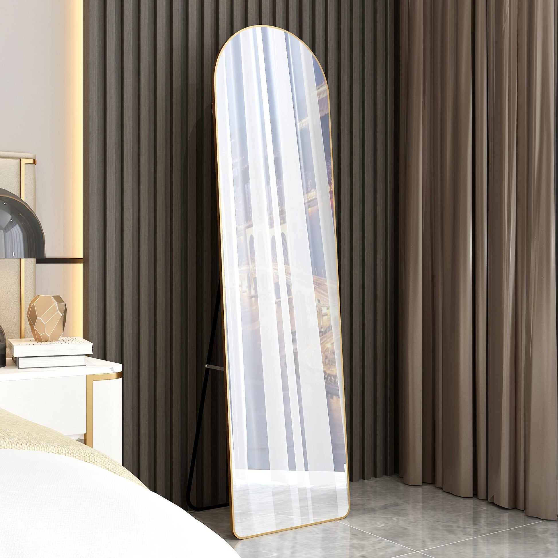 The 1St Generation Of Floor Mounted Full Length Mirrors. Aluminum Alloy Metal Frame Arched Wall Mirror, Bathroom Makeup Mirror, Bedroom Porch, Wall Mounted. Gold 60 "* 16.5"W115158172 Golden Glass