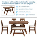 6 Piece Wood Counter Height Dining Table Set With Storage Shelf, Kitchen Table Set With Bench And 4 Chairs,Rustic Style, Walnut Beige Cushion Wood Dining Room Bench Seating Rubberwood Rectangular