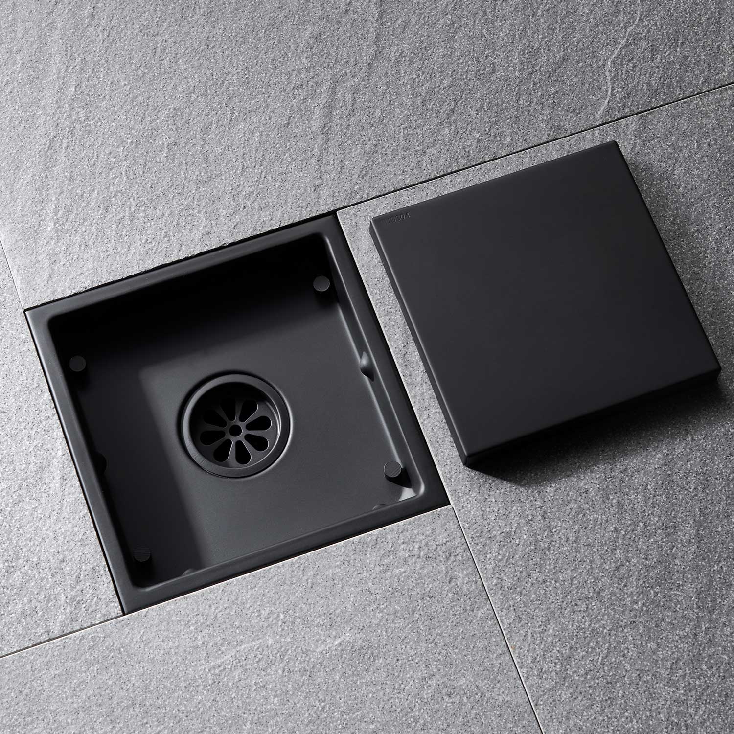 6 Inch Square Shower Floor Drain Matte Black Stainless Steel