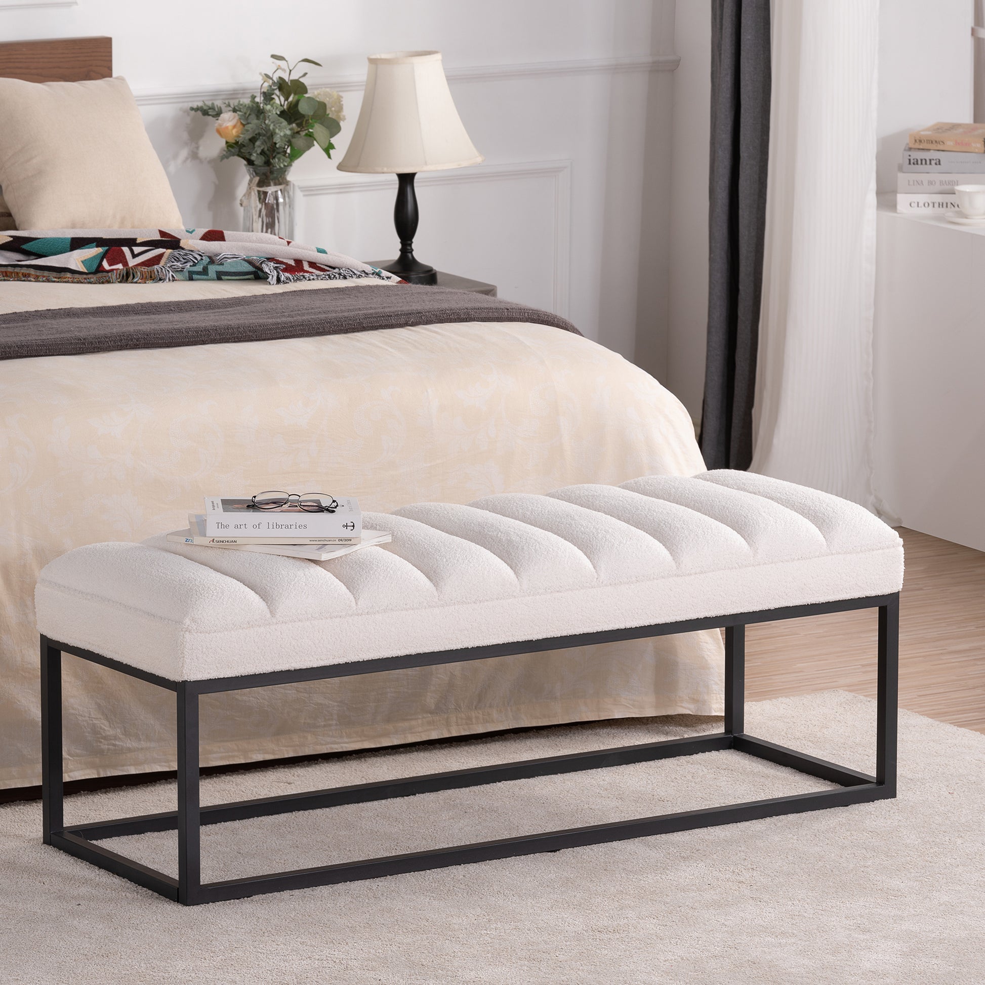 Metal Base Upholstered Bench For Bedroom For Entryway White Velvet