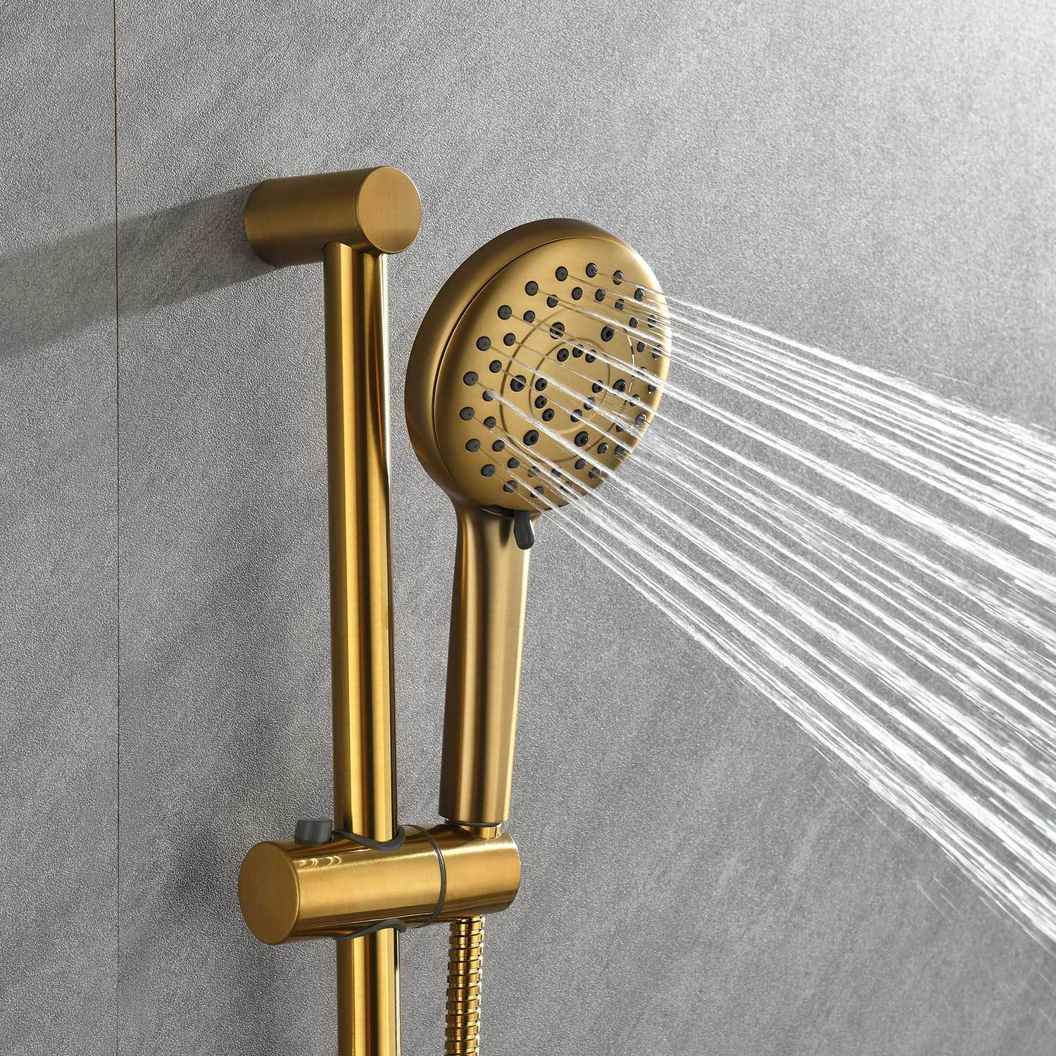 Shower System With Shower Head, Hand Shower, Slide Bar, Bodysprays, Shower Arm, Hose, Valve Trim, And Lever Handles Brushed Gold Brass