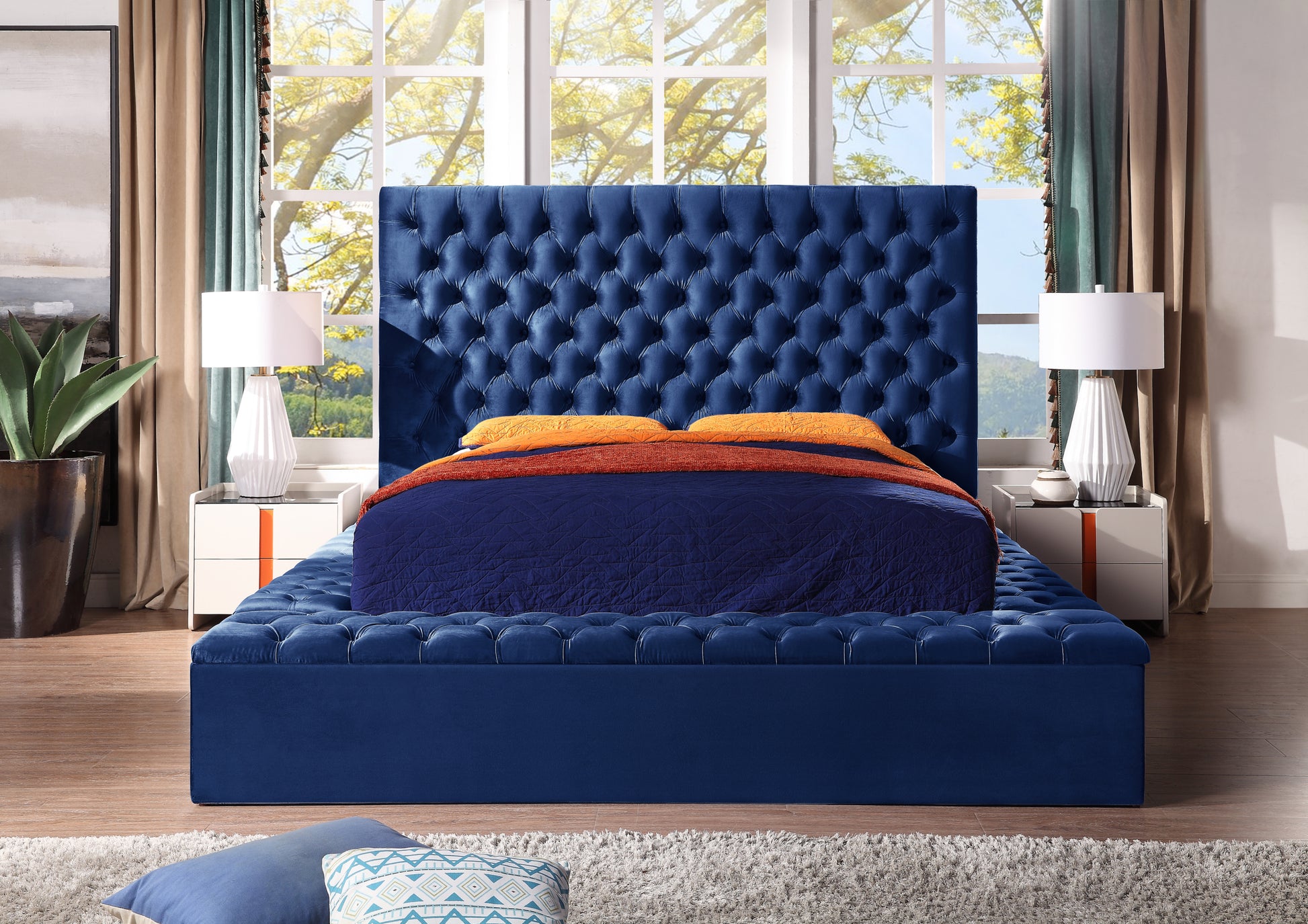 Contemporary Velvet Upholstered Bed With Storage Locker, Deep Button Tufting, Solid Wood Frame, High Density Foam, King Size Blue Velvet