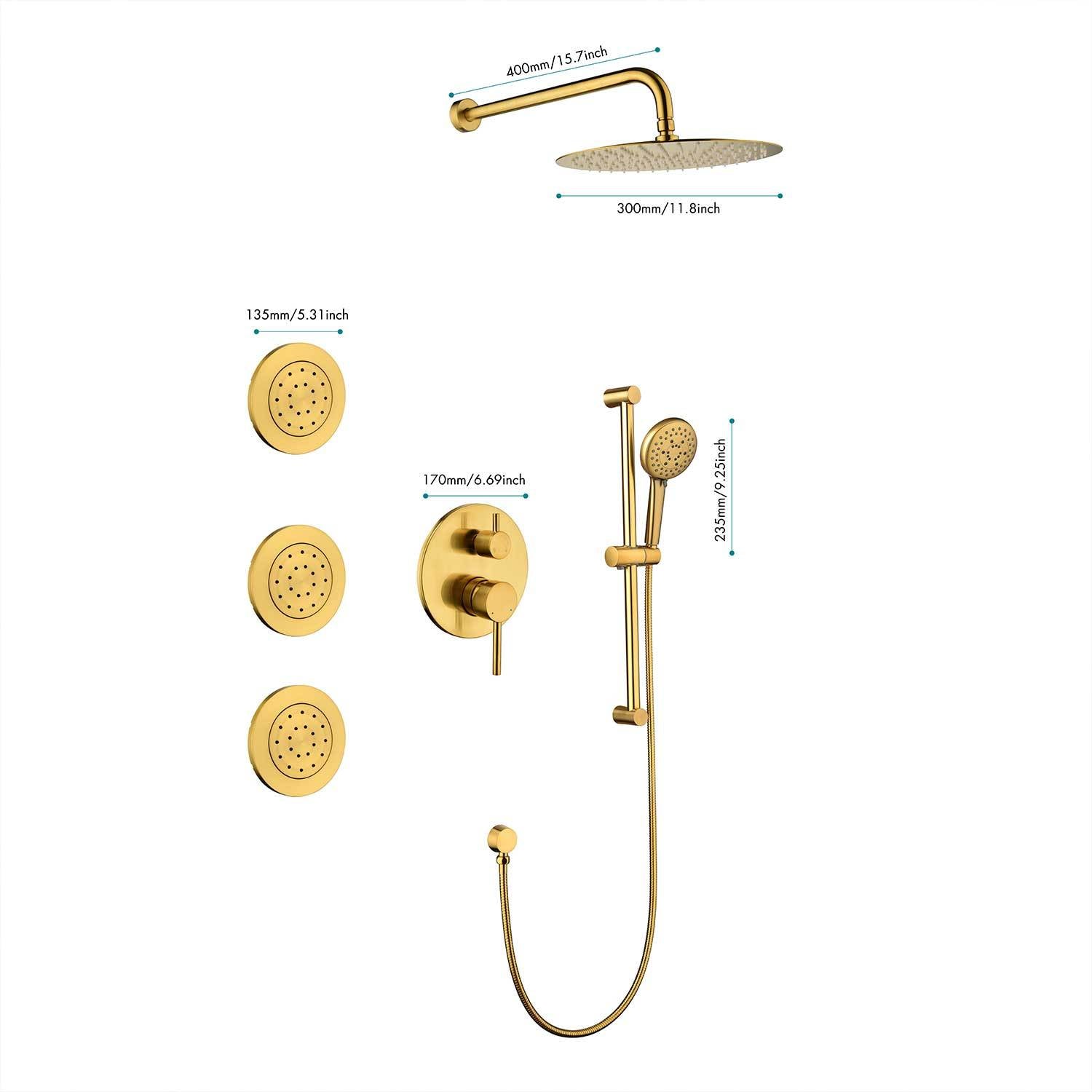 Shower System With Shower Head, Hand Shower, Slide Bar, Bodysprays, Shower Arm, Hose, Valve Trim, And Lever Handles Brushed Gold Brass