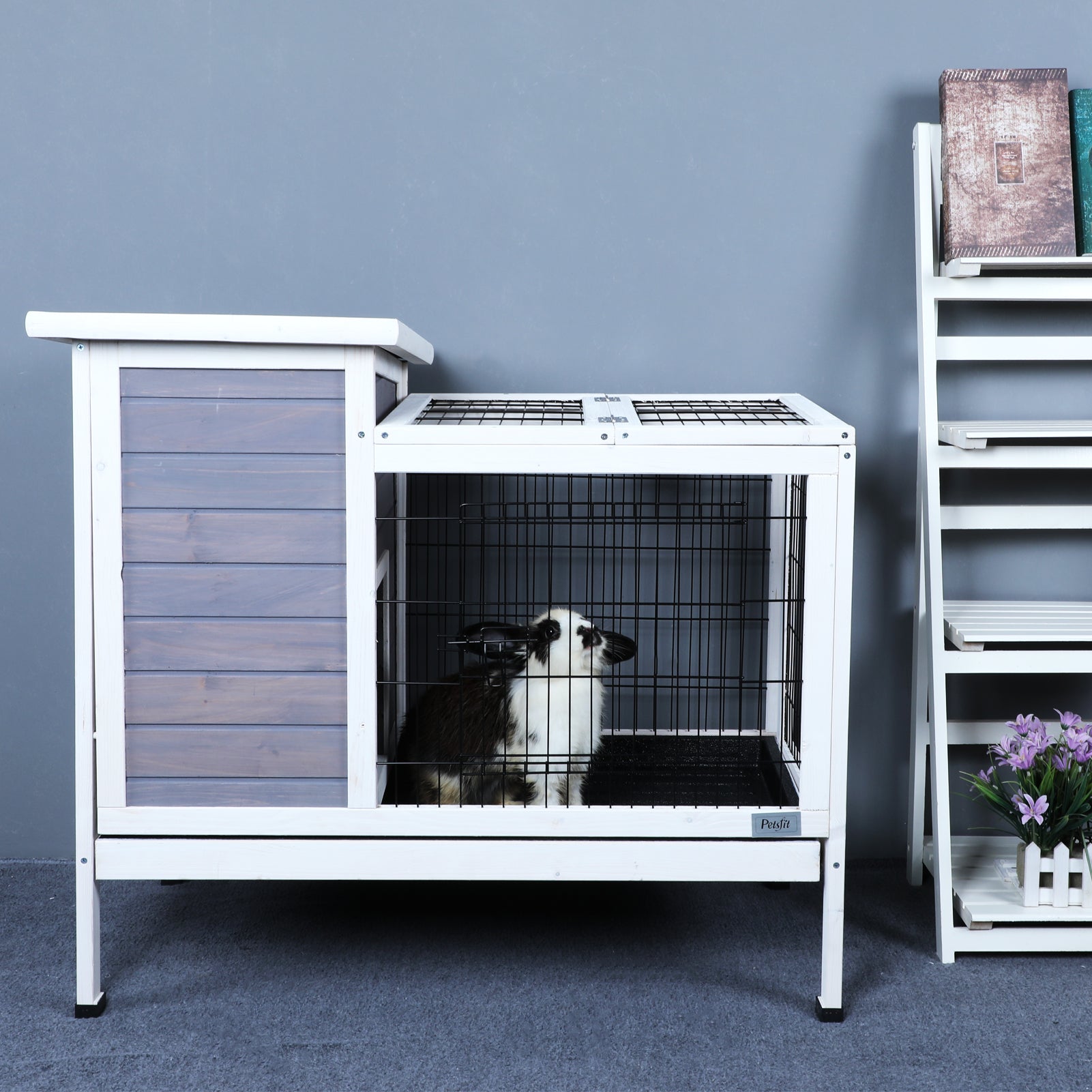 Two Tier Wooden Rabbit Cage Outdoor Indoor For Small Animals With Runway And Leak Proof Plastic Tray,Grey Grey Solid Wood