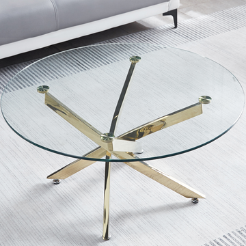 Modern Round Tempered Glass Coffee Table With Stainless Steel Legs Gold Glass