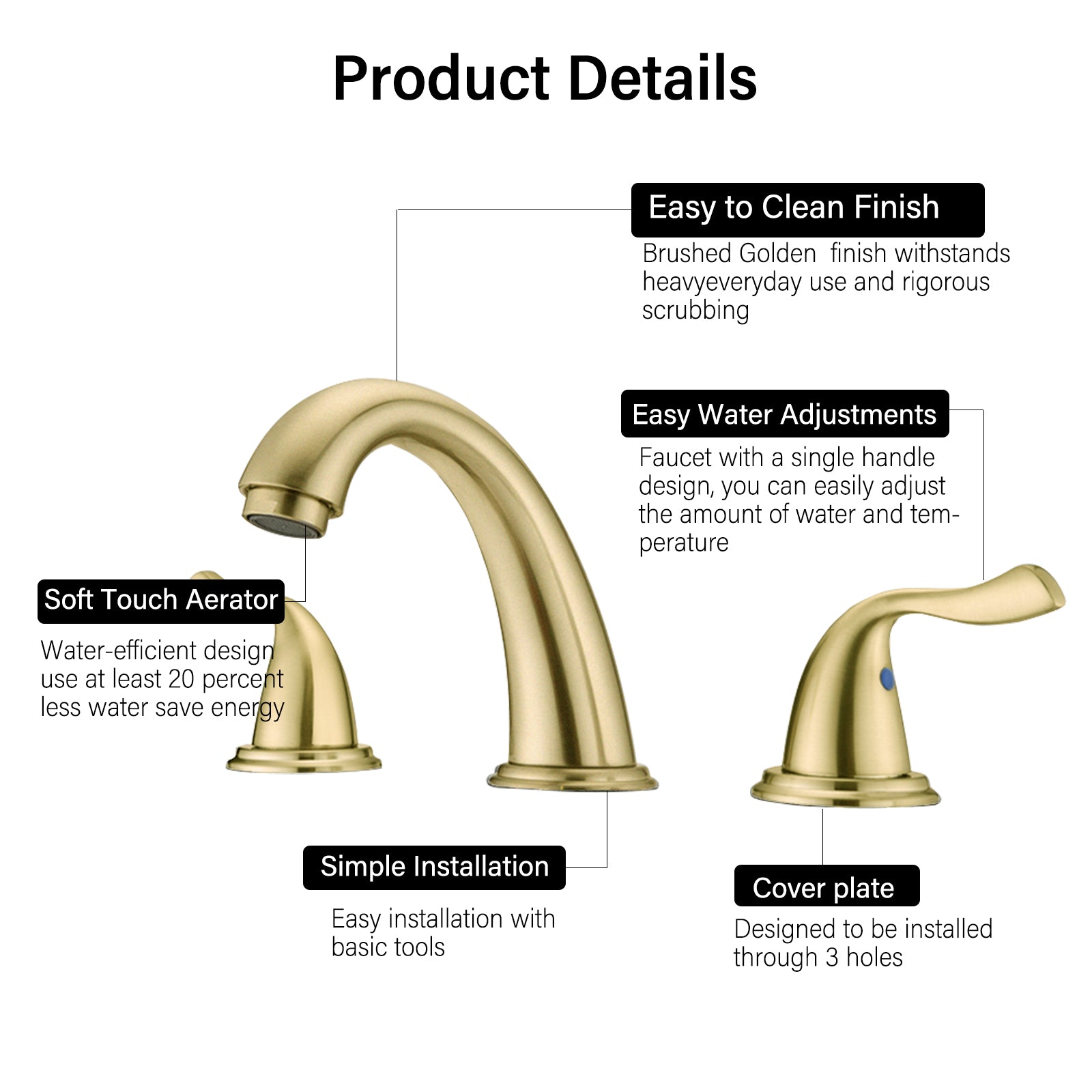 8 Inch 3 Holes 2 Handles Bathroom Sink Faucet, Brushed Golden Brushed Gold Brass