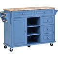 Kitchen Cart With Rubber Wood Desktop Rolling Mobile Kitchen Island With Storage And 5 Draws 53 Inch Length Blue Blue Mdf