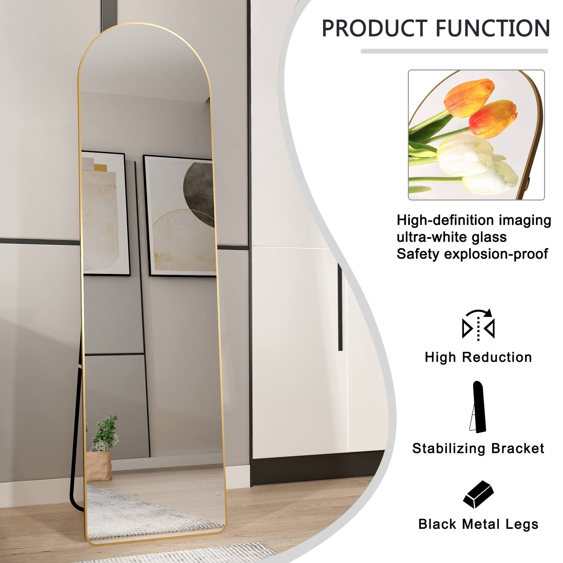 The 1St Generation Of Floor Mounted Full Length Mirrors. Aluminum Alloy Metal Frame Arched Wall Mirror, Bathroom Makeup Mirror, Bedroom Porch, Wall Mounted. Gold 60 "* 16.5"W115158172 Golden Glass