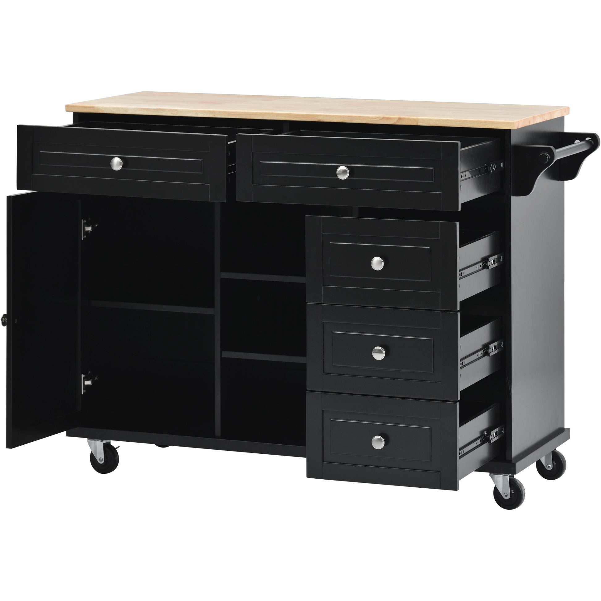 Kitchen Cart With Rubber Wood Desktop Rolling Mobile Kitchen Island With Storage And 5 Draws 53 Inch Length Black Black Mdf