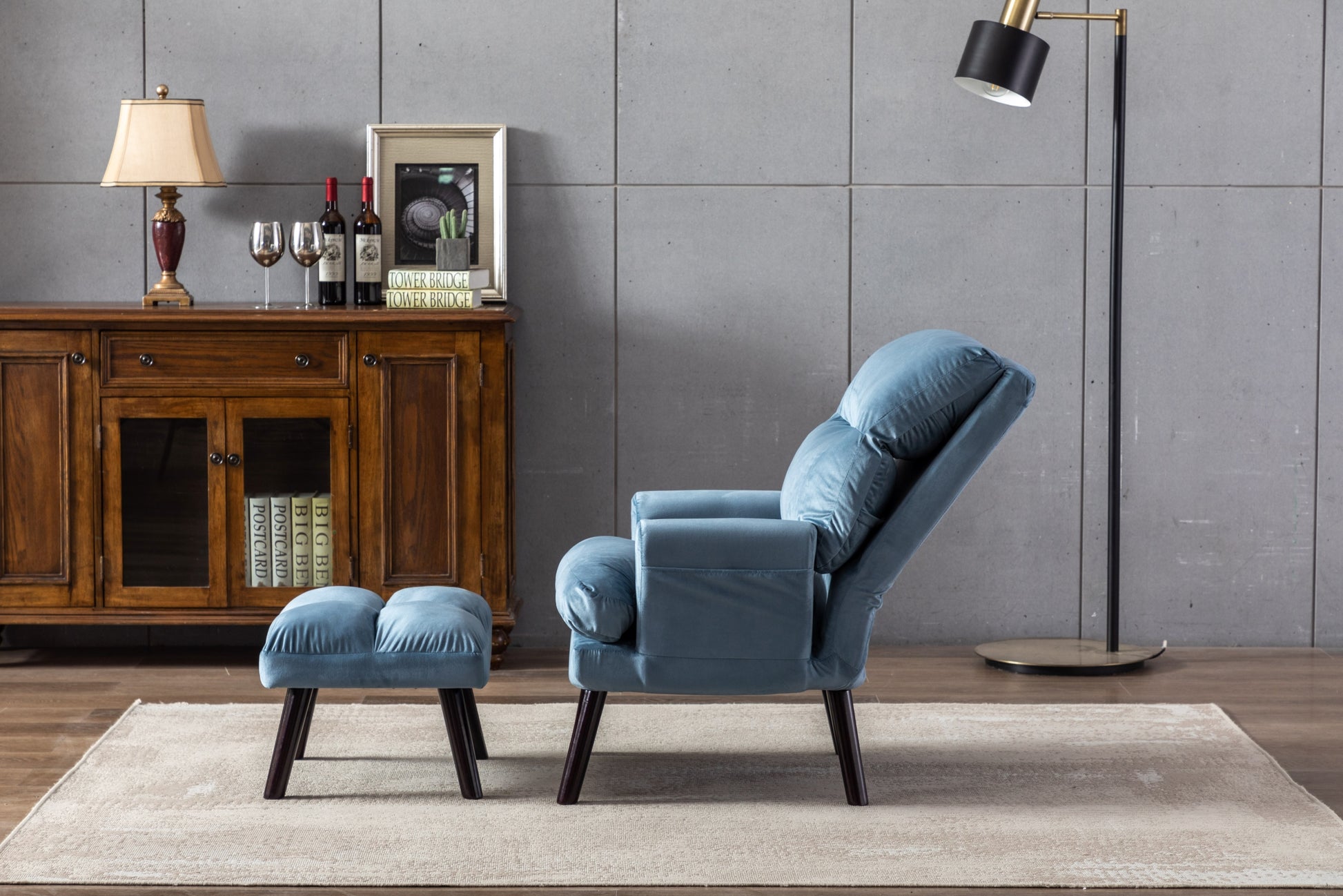 Soft Comfortable 1Pc Accent Click Clack Chair With Ottoman Light Blue Fabric Upholstered Black Finish Legs Living Room Furniture Light Blue Primary Living Space Modern Fabric