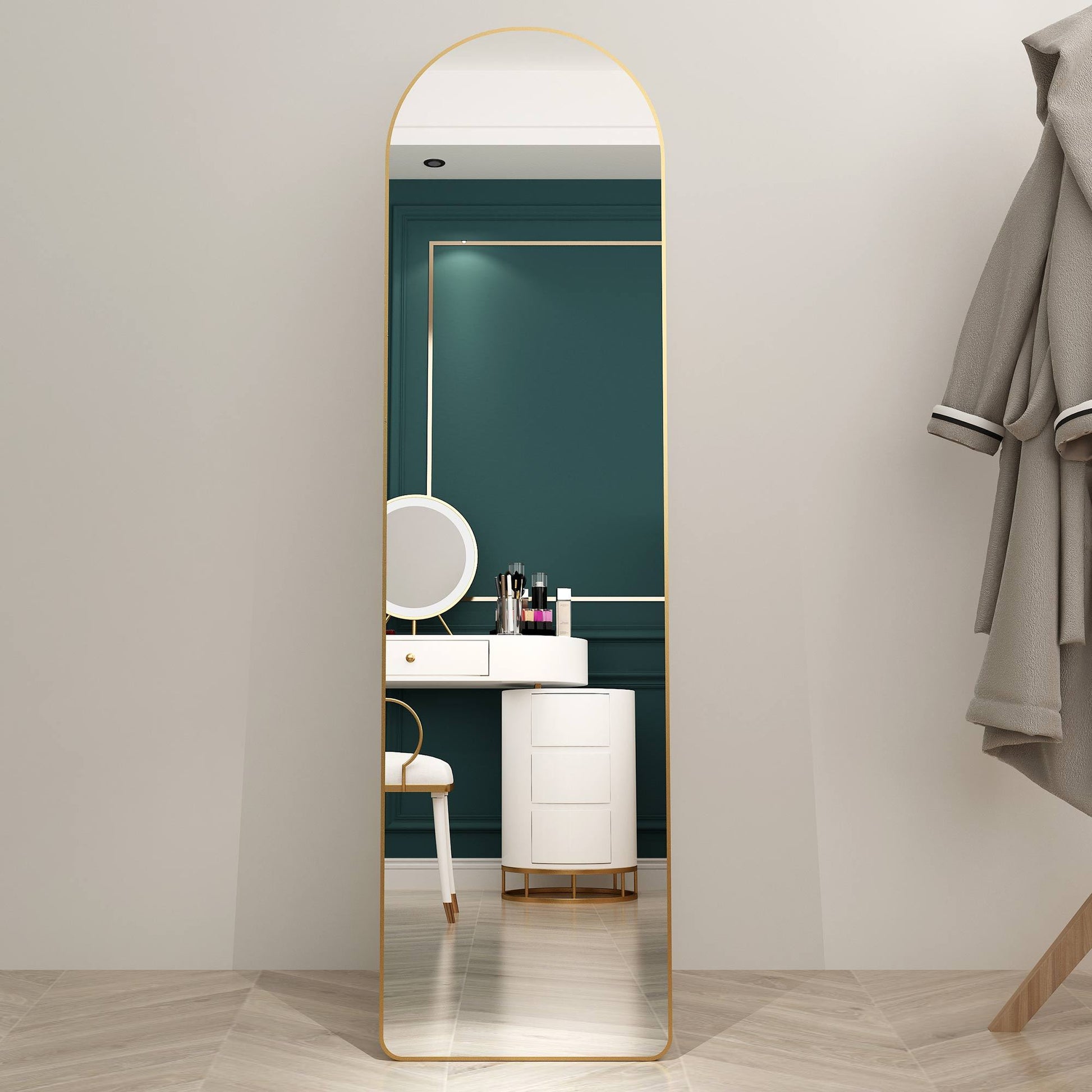 The 1St Generation Of Floor Mounted Full Length Mirrors. Aluminum Alloy Metal Frame Arched Wall Mirror, Bathroom Makeup Mirror, Bedroom Porch, Wall Mounted. Gold 60 "* 16.5"W115158172 Golden Glass