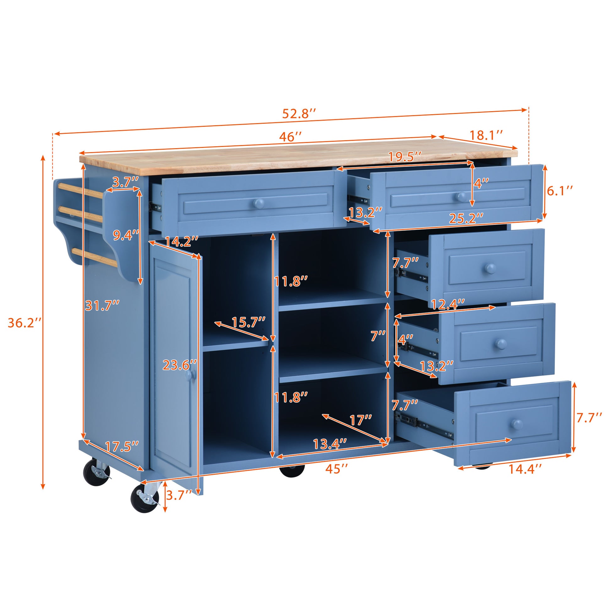 Kitchen Cart With Rubber Wood Desktop Rolling Mobile Kitchen Island With Storage And 5 Draws 53 Inch Length Blue Blue Mdf