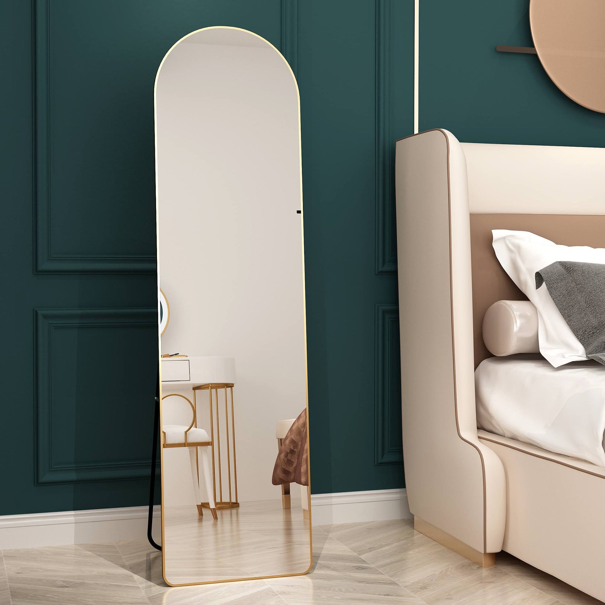 The 1St Generation Of Floor Mounted Full Length Mirrors. Aluminum Alloy Metal Frame Arched Wall Mirror, Bathroom Makeup Mirror, Bedroom Porch, Wall Mounted. Gold 60 "* 16.5"W115158172 Golden Glass