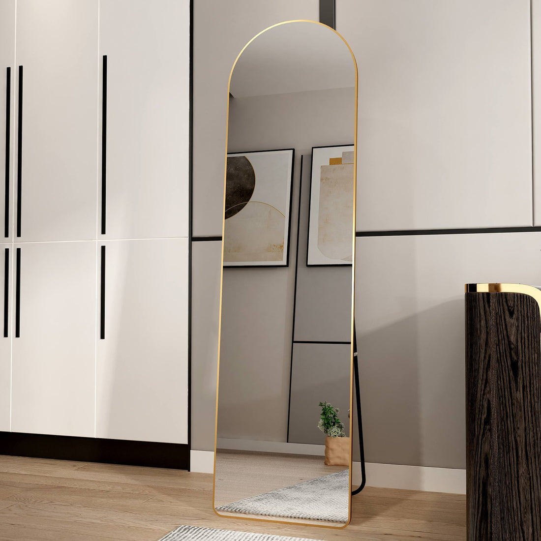 The 1St Generation Of Floor Mounted Full Length Mirrors. Aluminum Alloy Metal Frame Arched Wall Mirror, Bathroom Makeup Mirror, Bedroom Porch, Wall Mounted. Gold 60 "* 16.5"W115158172 Golden Glass