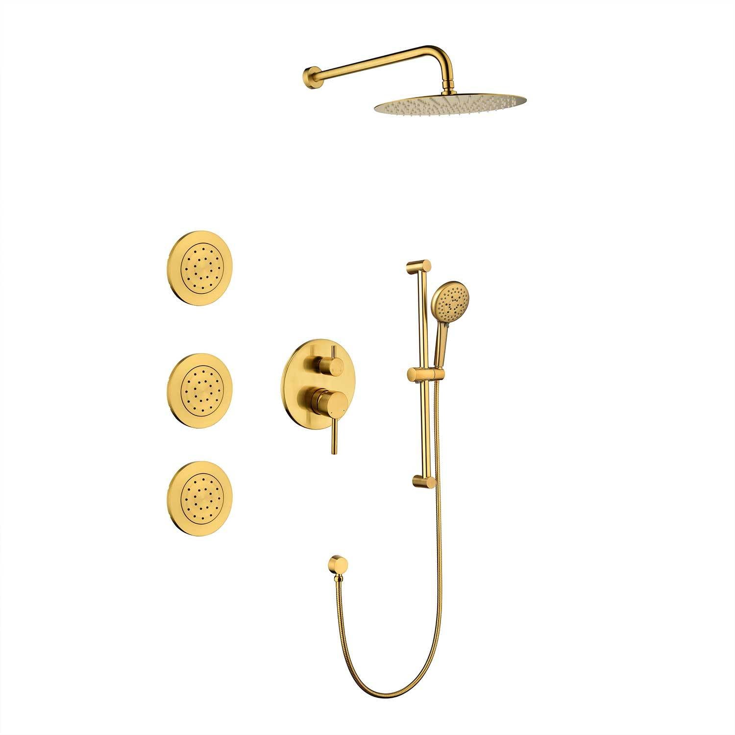 Shower System With Shower Head, Hand Shower, Slide Bar, Bodysprays, Shower Arm, Hose, Valve Trim, And Lever Handles Brushed Gold Brass