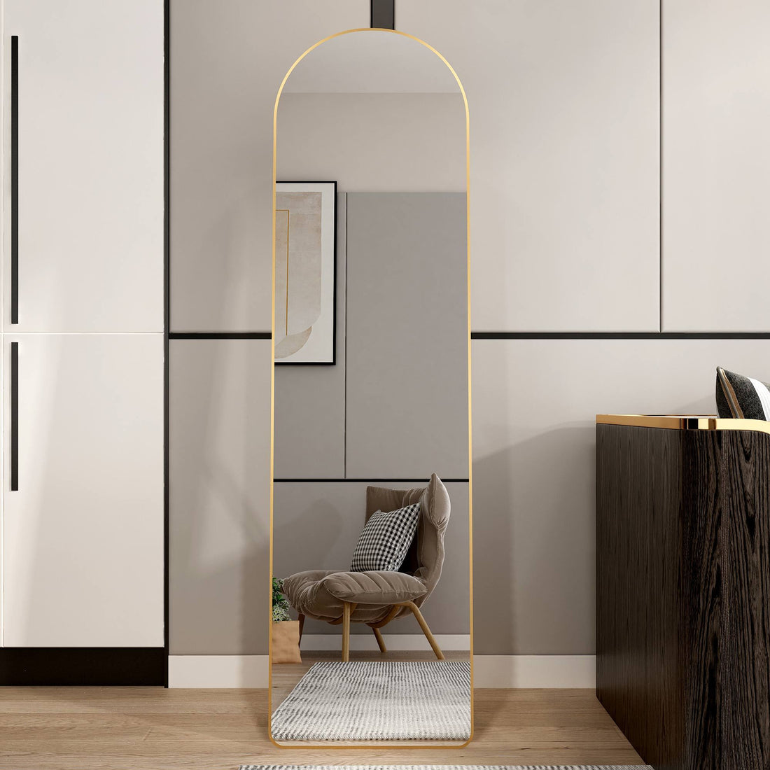 The 1St Generation Of Floor Mounted Full Length Mirrors. Aluminum Alloy Metal Frame Arched Wall Mirror, Bathroom Makeup Mirror, Bedroom Porch, Wall Mounted. Gold 60 "* 16.5"W115158172 Golden Glass