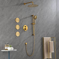 Shower System With Shower Head, Hand Shower, Slide Bar, Bodysprays, Shower Arm, Hose, Valve Trim, And Lever Handles Brushed Gold Brass