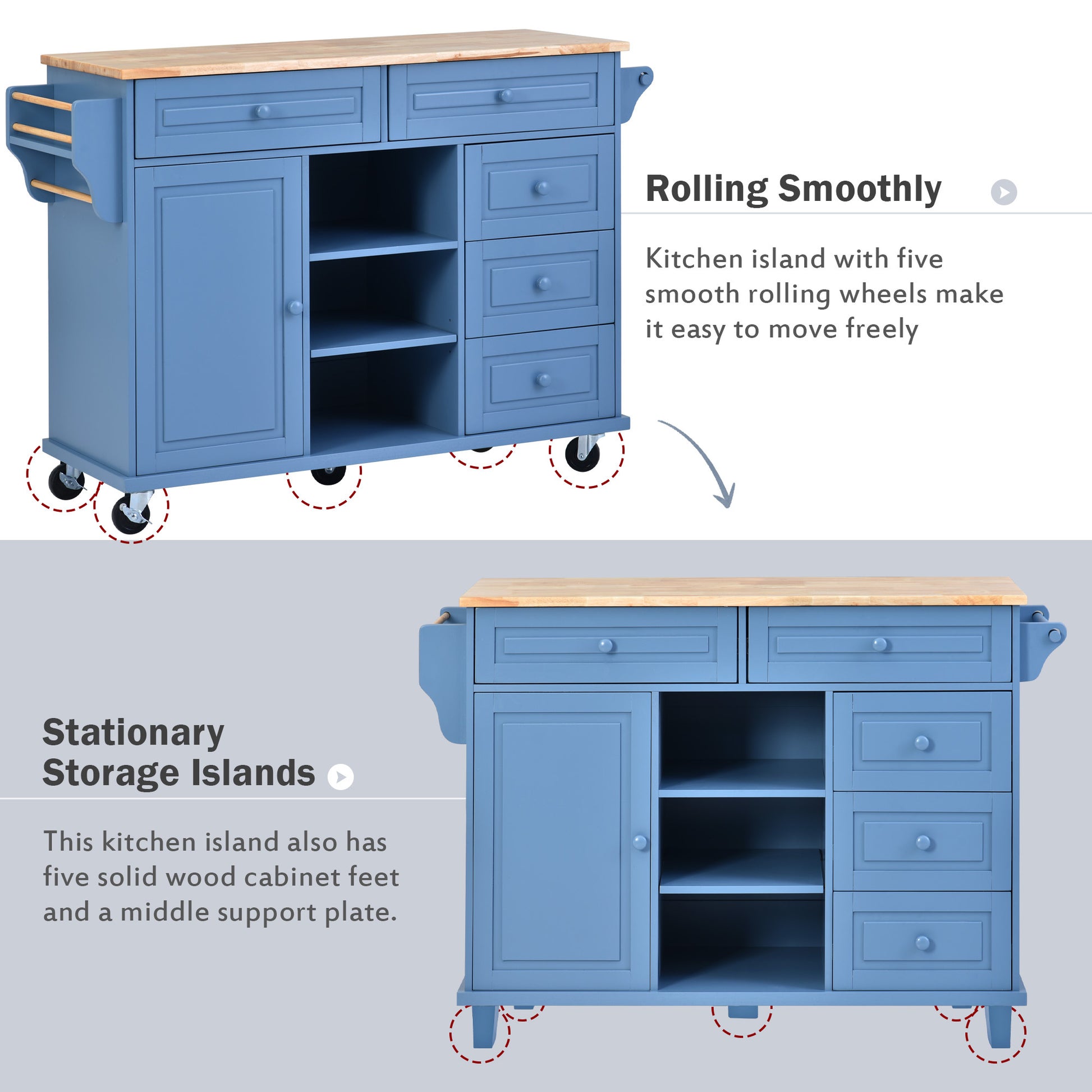 Kitchen Cart With Rubber Wood Desktop Rolling Mobile Kitchen Island With Storage And 5 Draws 53 Inch Length Blue Blue Mdf