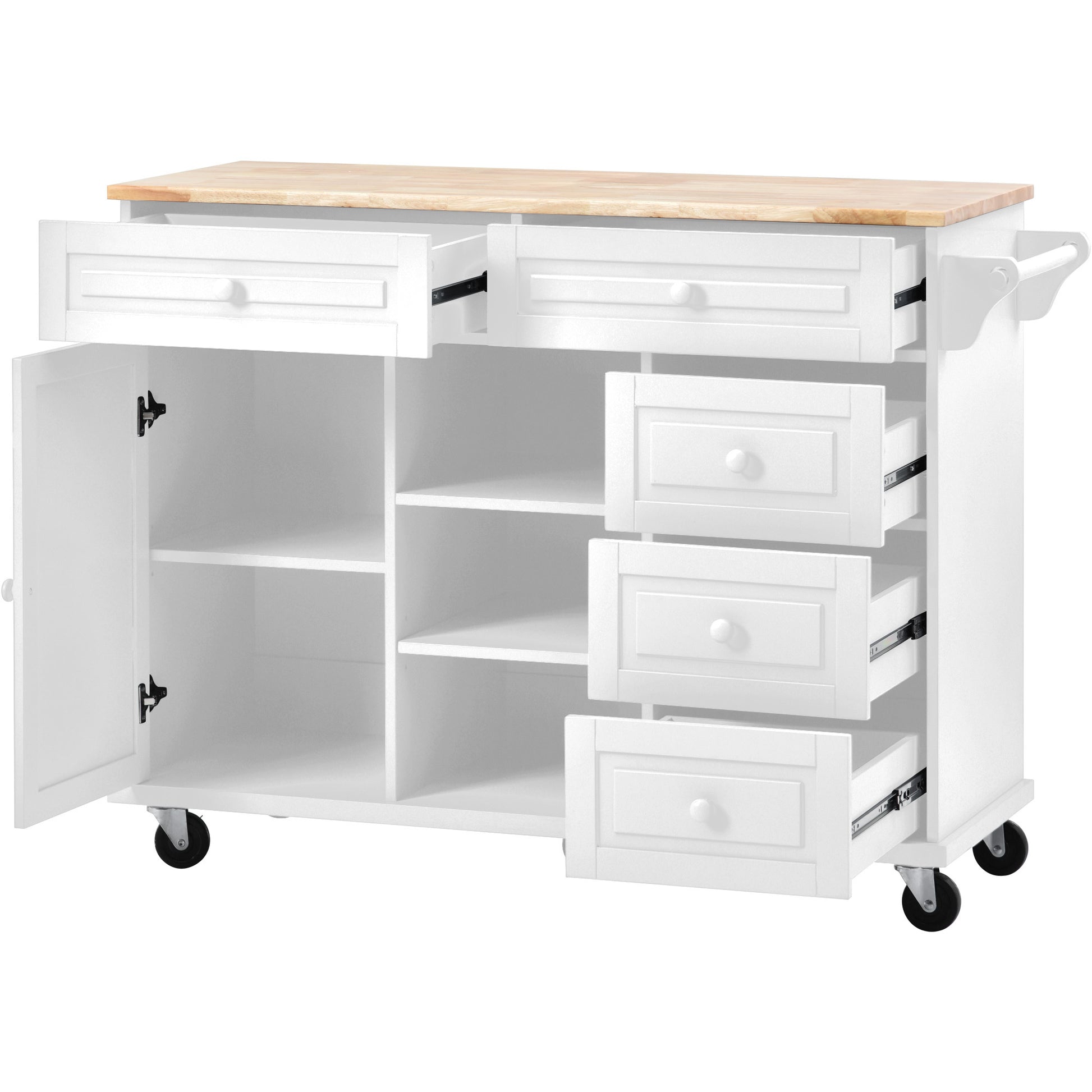 Kitchen Cart With Rubber Wood Desktop Rolling Mobile Kitchen Island With Storage And 5 Draws 53 Inch Length White White Mdf