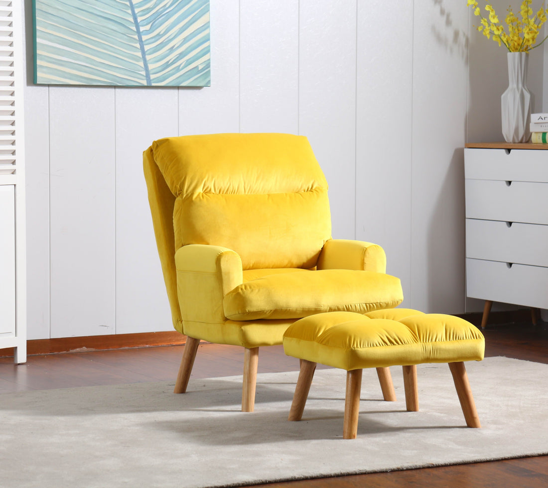 Soft Comfortable 1Pc Accent Click Clack Chair With Ottoman Yellow Fabric Upholstered Oak Finish Legs Living Room Furniture Yellow Primary Living Space Modern Fabric