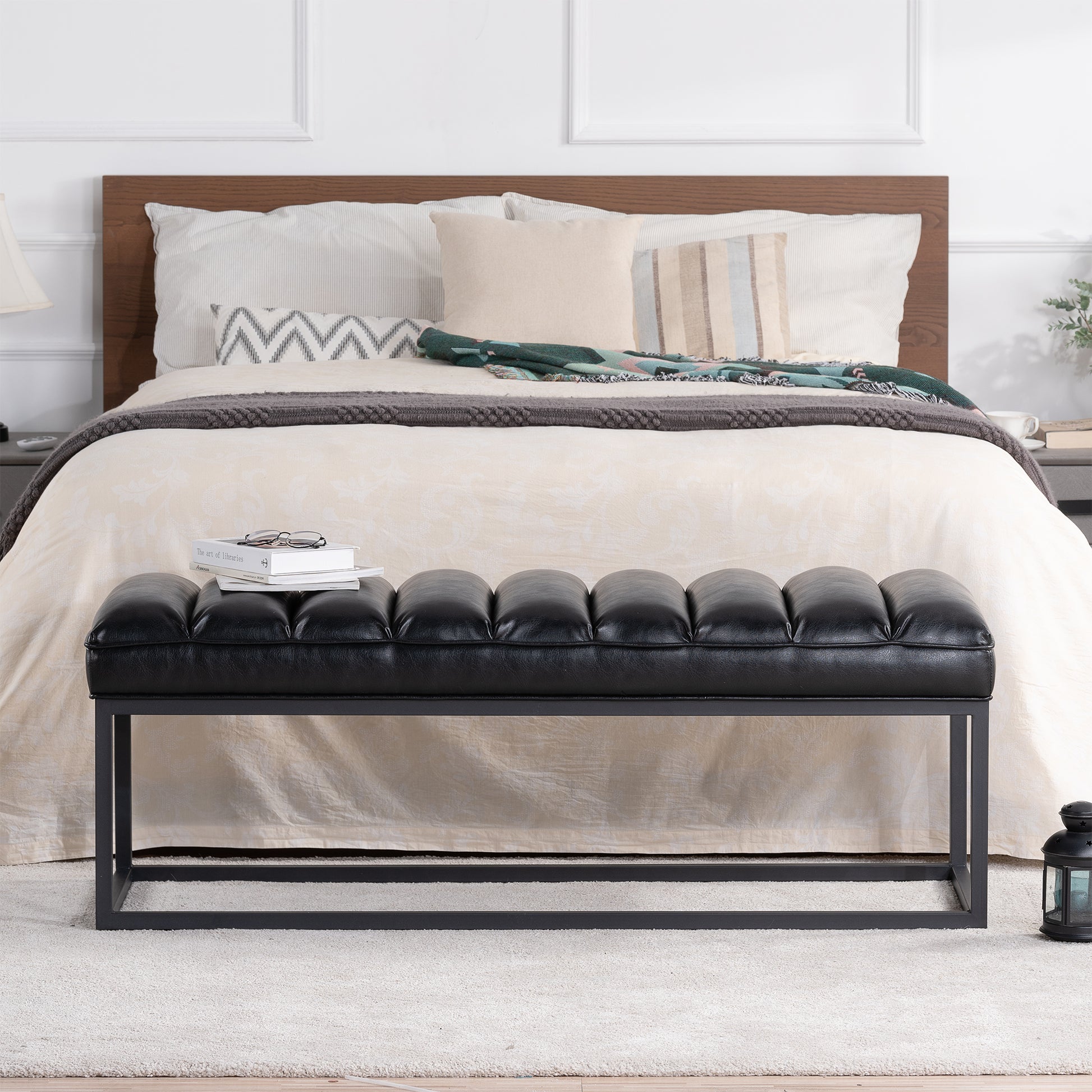 Metal Base Upholstered Bench For Bedroom For Entryway Black Pu