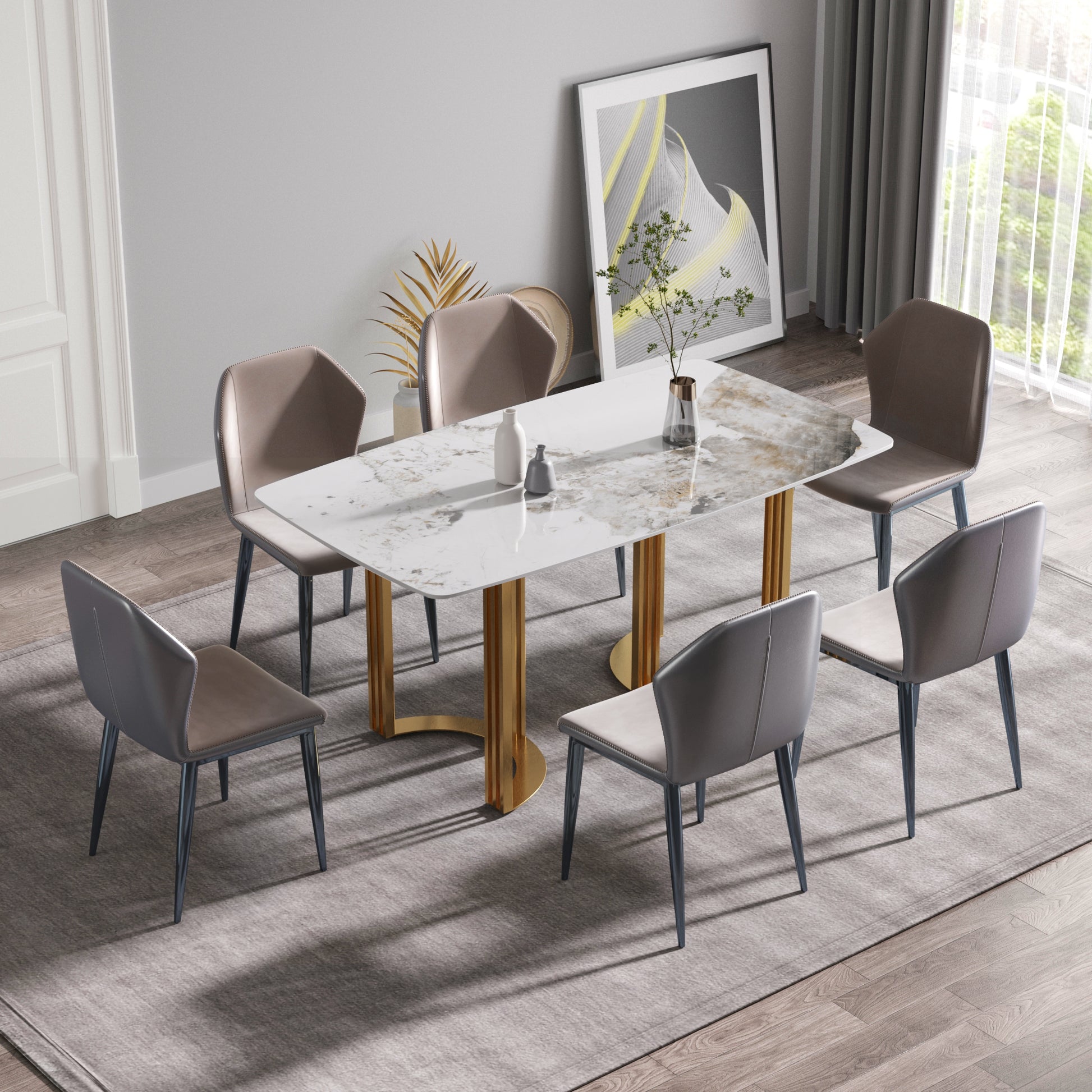 63"Modern Artificial Stone Pandora White Curved Golden Metal Leg Dining Table 6 People Antique White Metal Sintered Stone