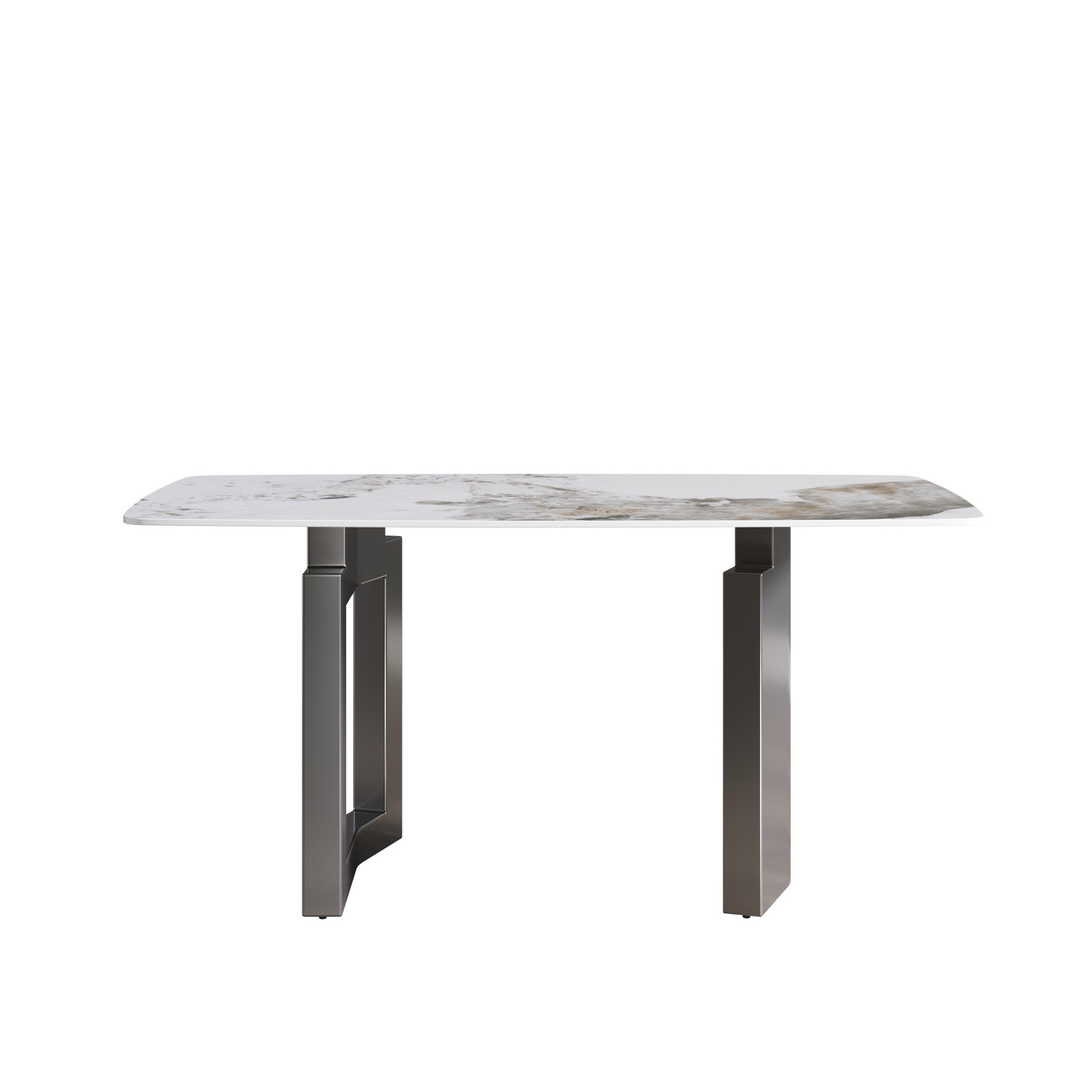 63"Modern Artificial Stone Pandora White Curved Black Metal Leg Dining Table 6 People Antique White Metal Sintered Stone